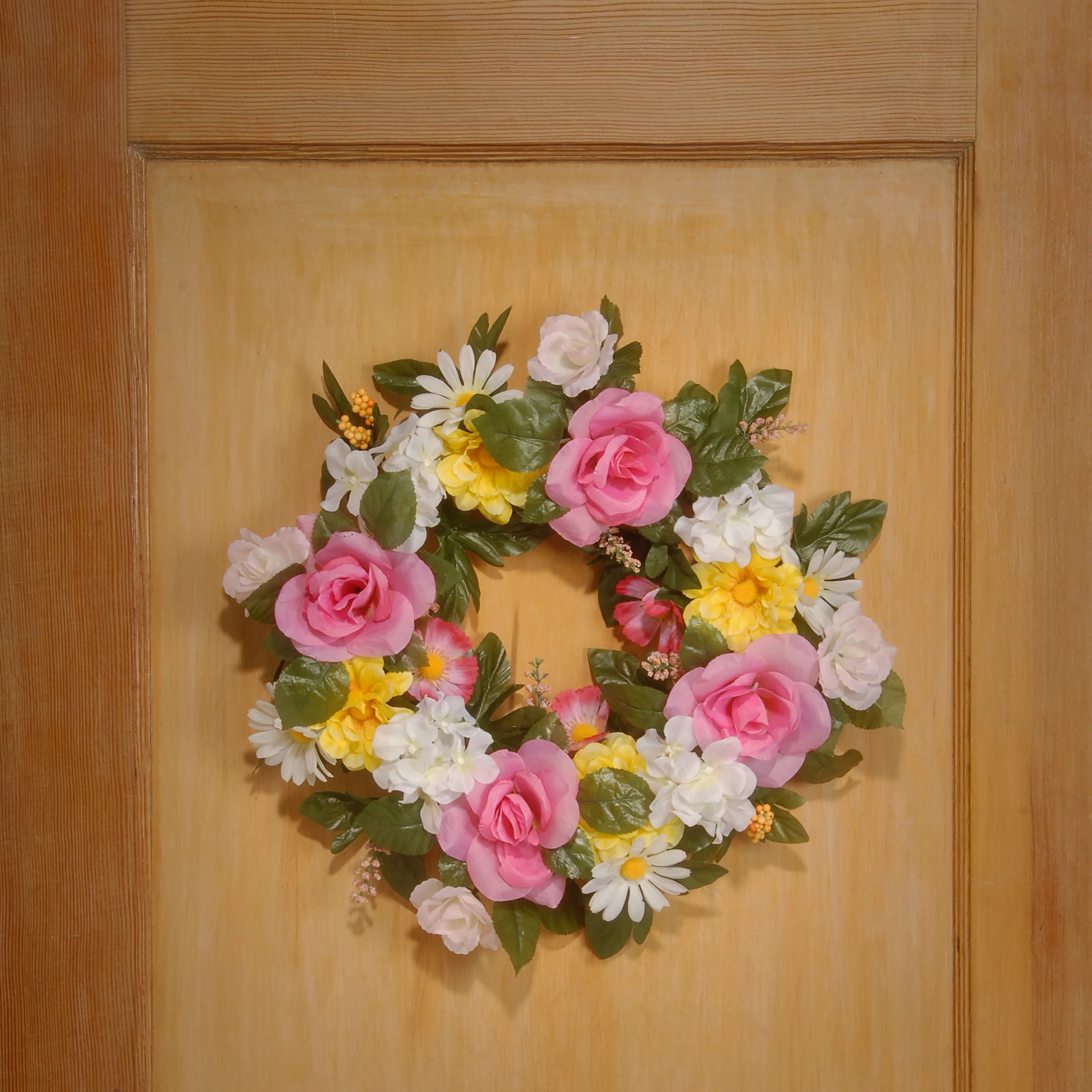 18 in. Spring Wreath with Multicolor Daisy and Rose Blooms, Leafy Greens, Berry Clusters - Image 2