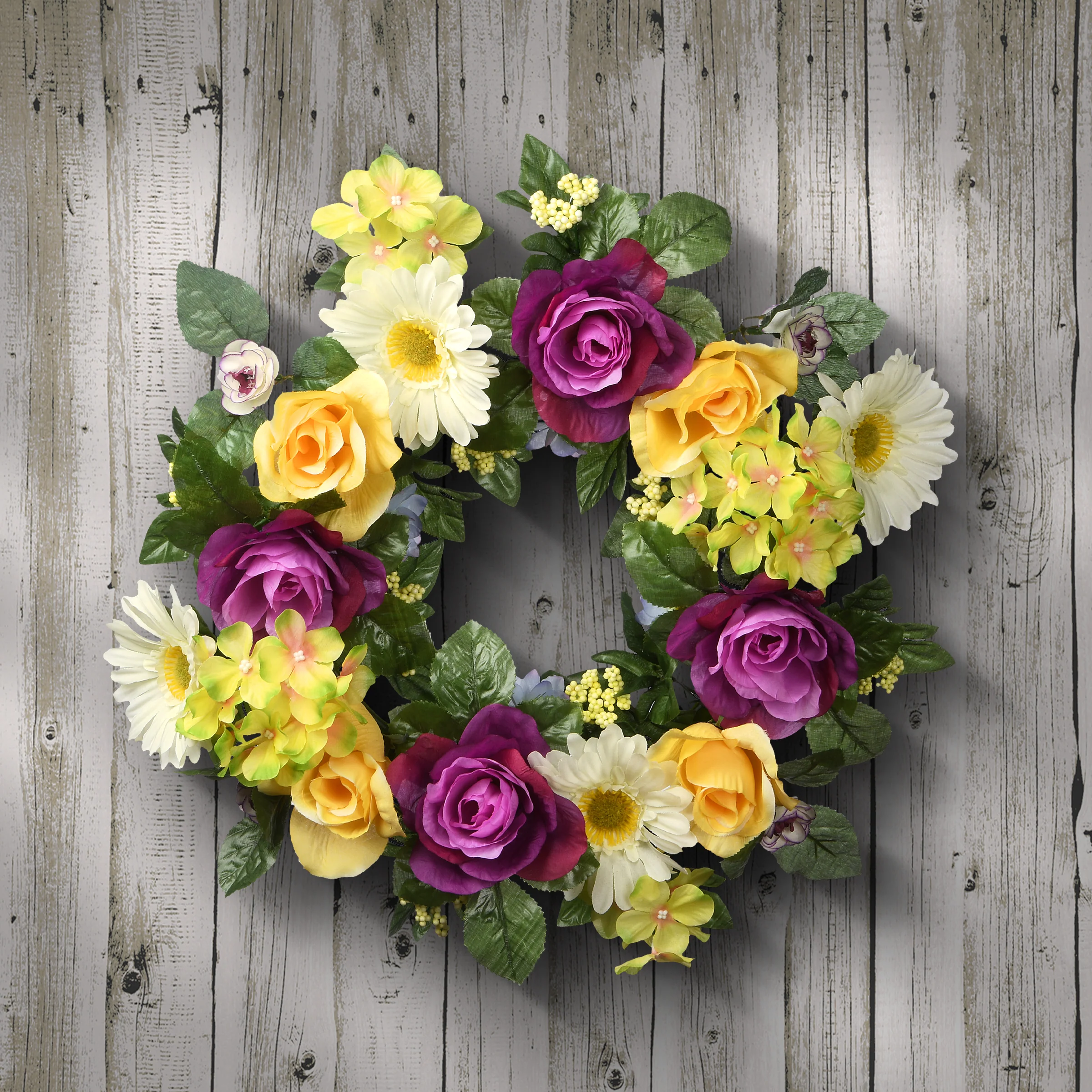 18 in. Spring Wreath with Colorful Daisies, Hydrangeas, Roses, Leafy Greens - Image 2
