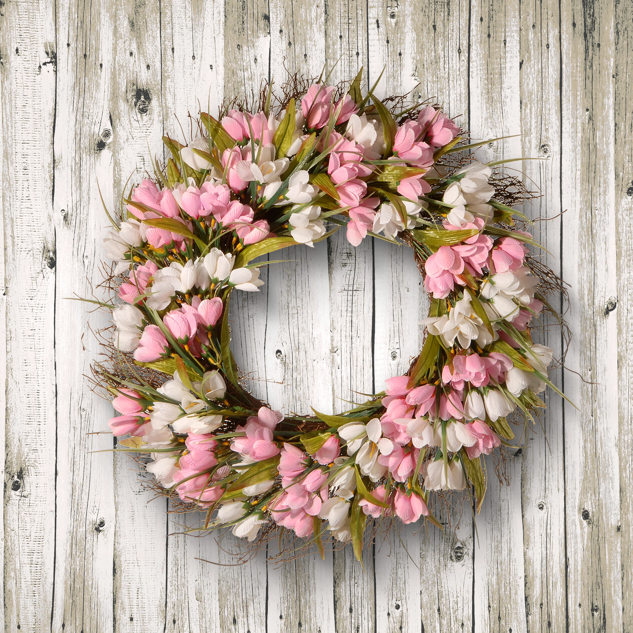 21 in. Spring Wreath with Pink and White Tulips, Flowing Green Stems - Image 2