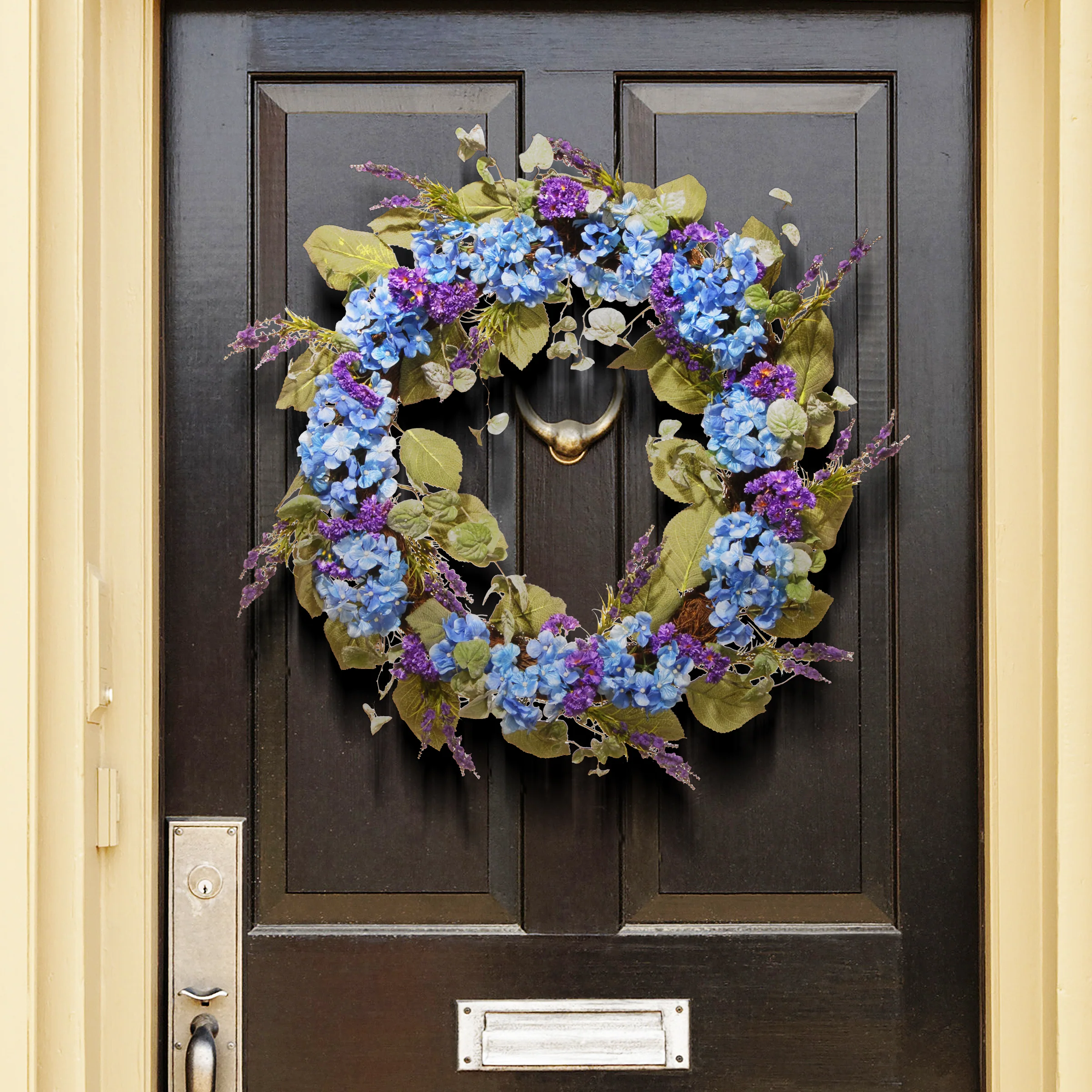 32 in. Spring Wreath with Blue Hydrangea Blooms, Purple Flowers, Flowing Green Stems - Image 2
