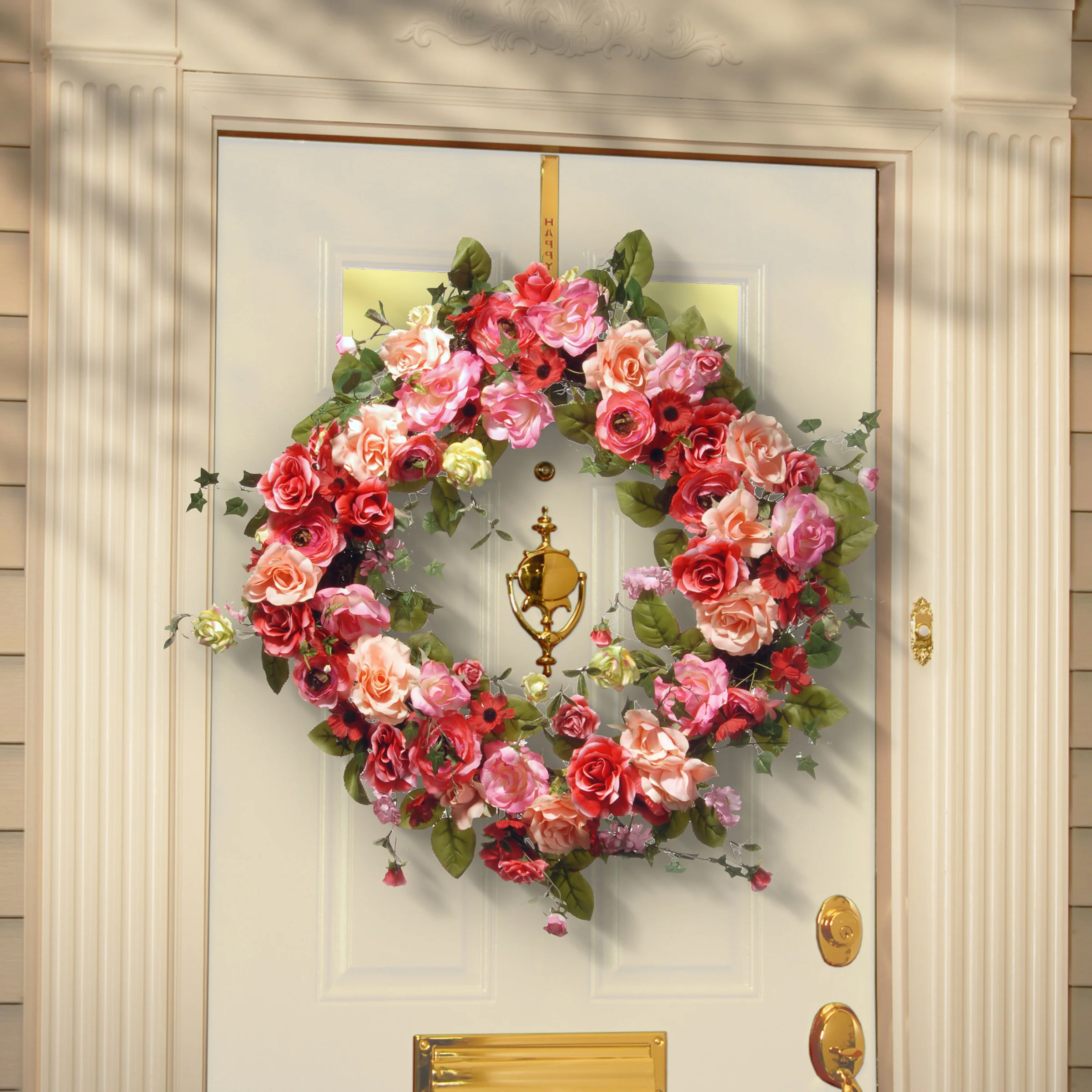 32 in. Spring Wreath with Pink and Peach Rose Blooms, Red Dahlias, Flowing Green Stems - Image 2