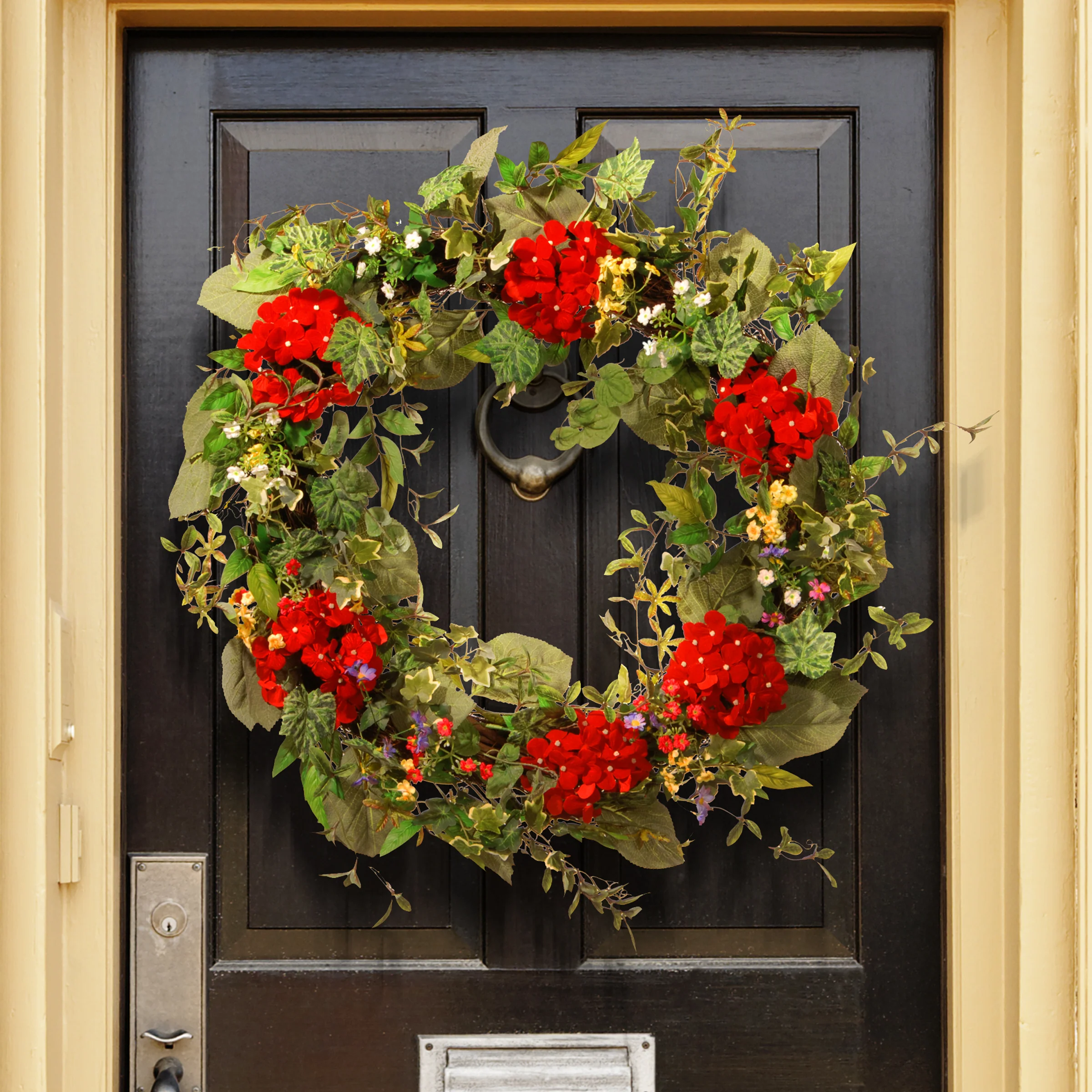 32 in. Spring Wreath with Red Flower Blooms, Flowing Green Stems - Image 2