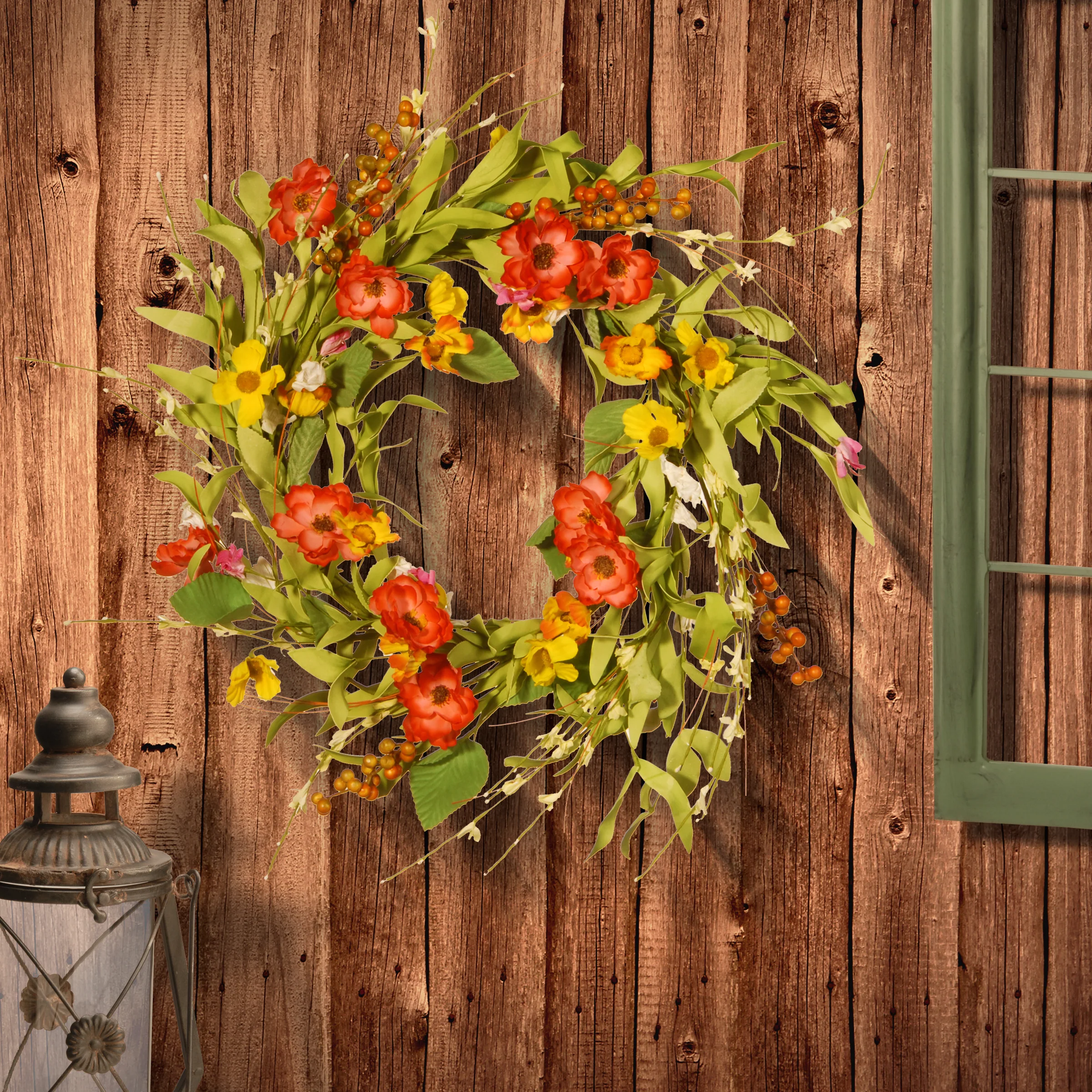 22 in. Spring Wreath with Flower Blooms, Leafy Greens, Berry Clusters - Image 2