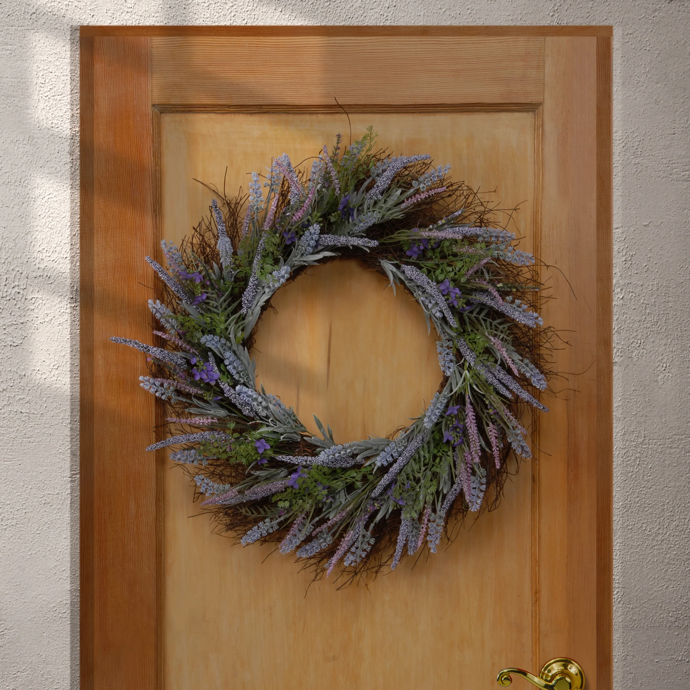 24 in. Spring Wreath with Purple Lavender Blooms, Flowing Green Stems, Small Flower Blooms - Image 2