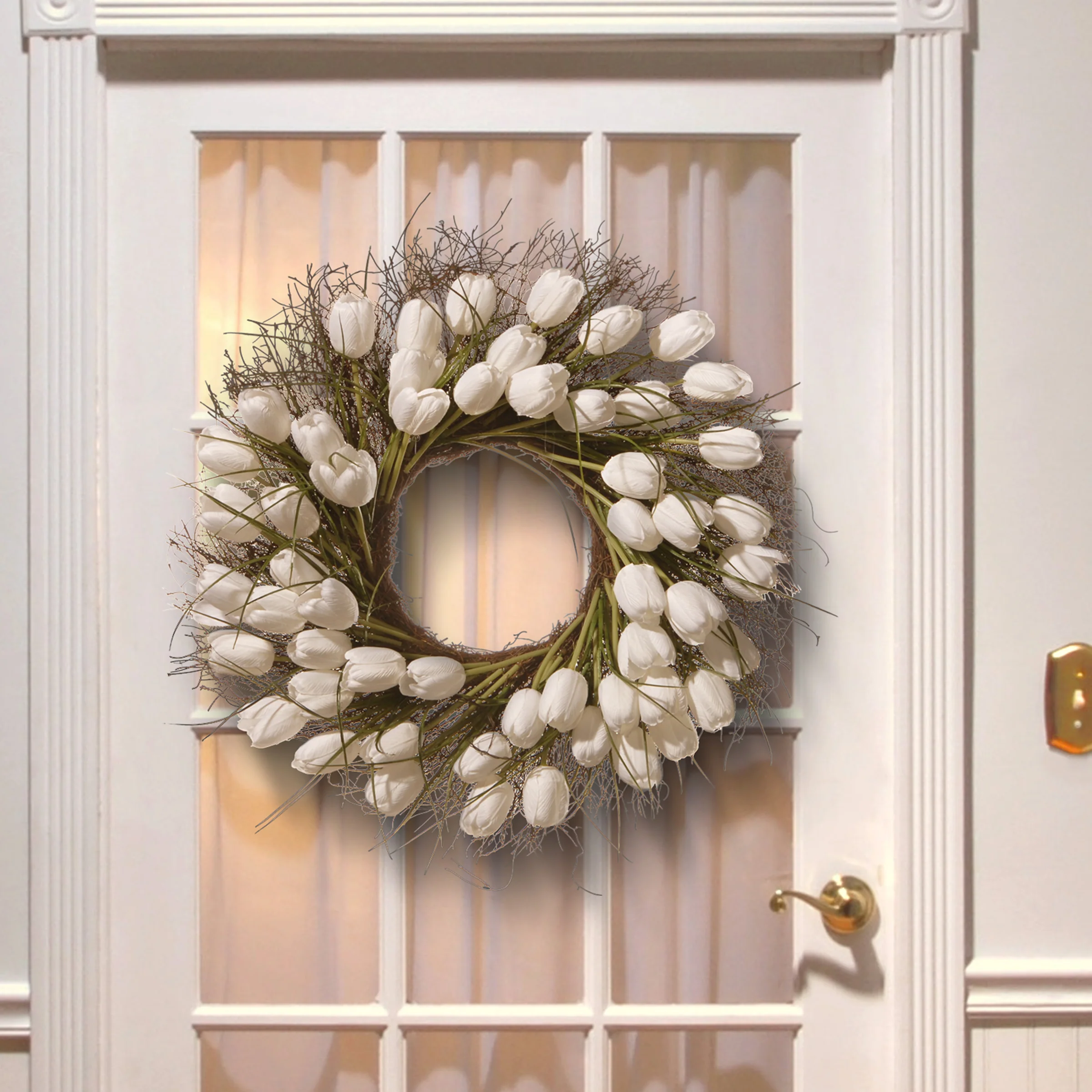 24 in. Spring Wreath with White Tulip Blooms, Flowing Green Stems - Image 2