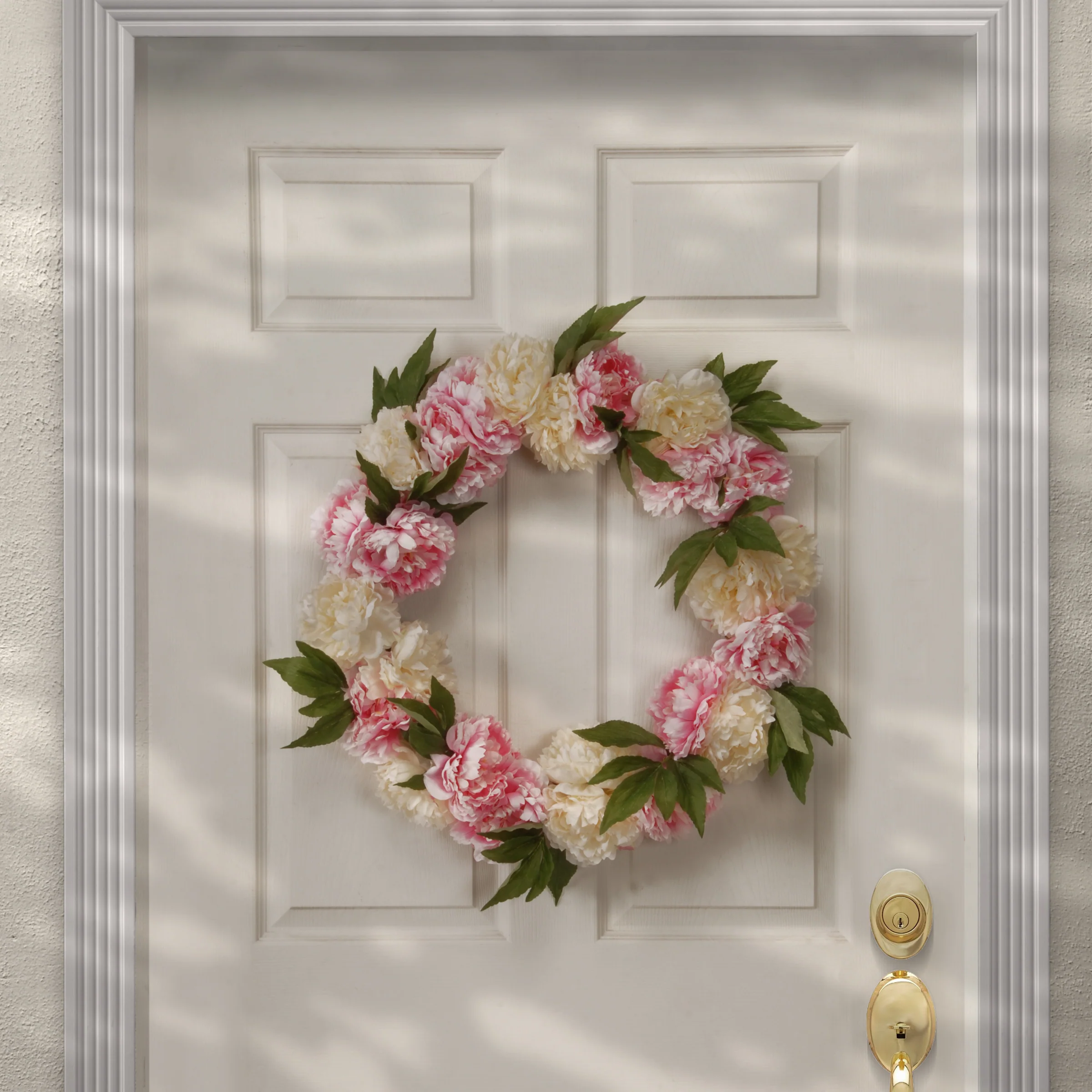 24 in. Spring Wreath with Pink and White Peony Blooms, Leafy Greens - Image 2