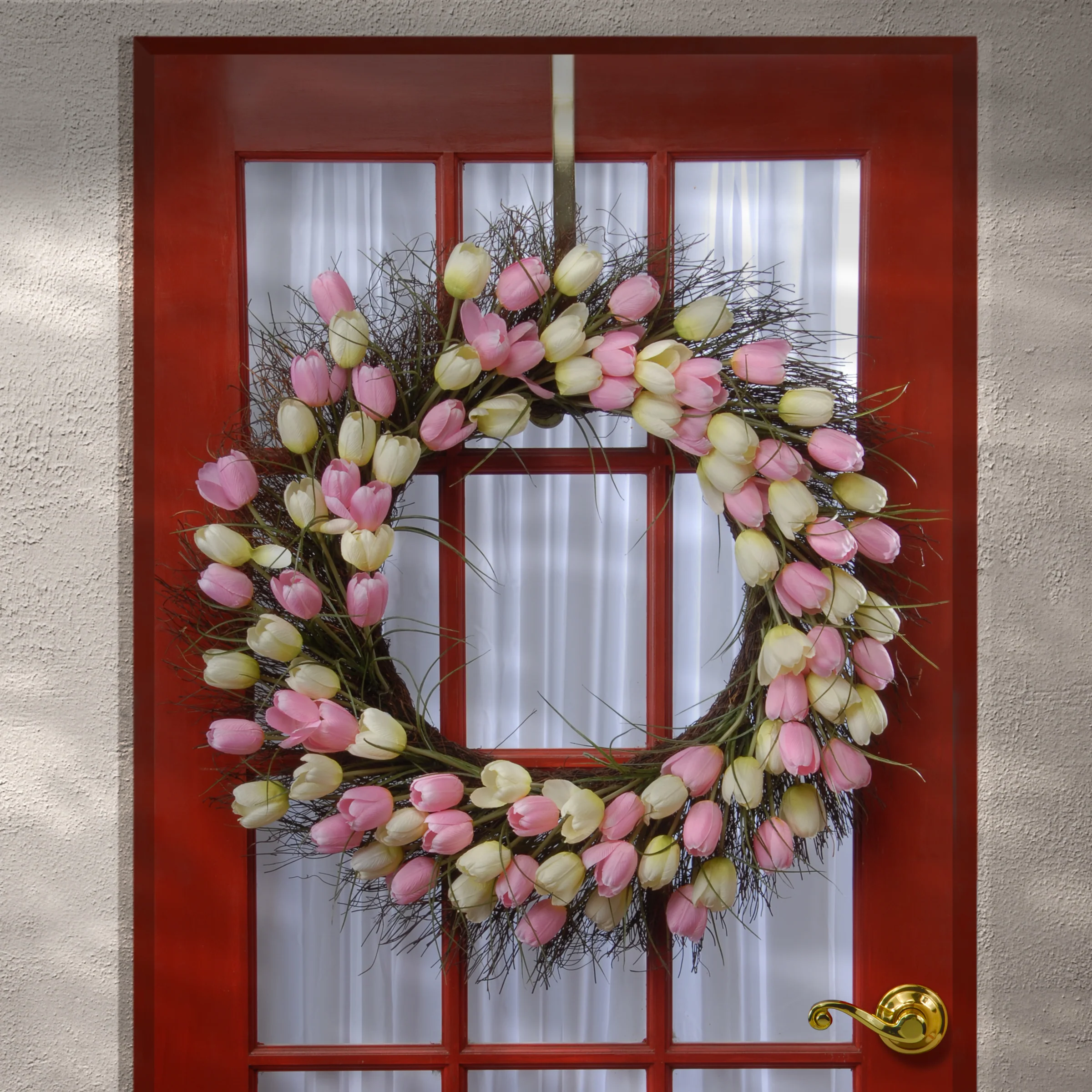 32 in. Spring Wreath with Yellow and Pink Tulip Blooms, Flowing Green Stems - Image 2