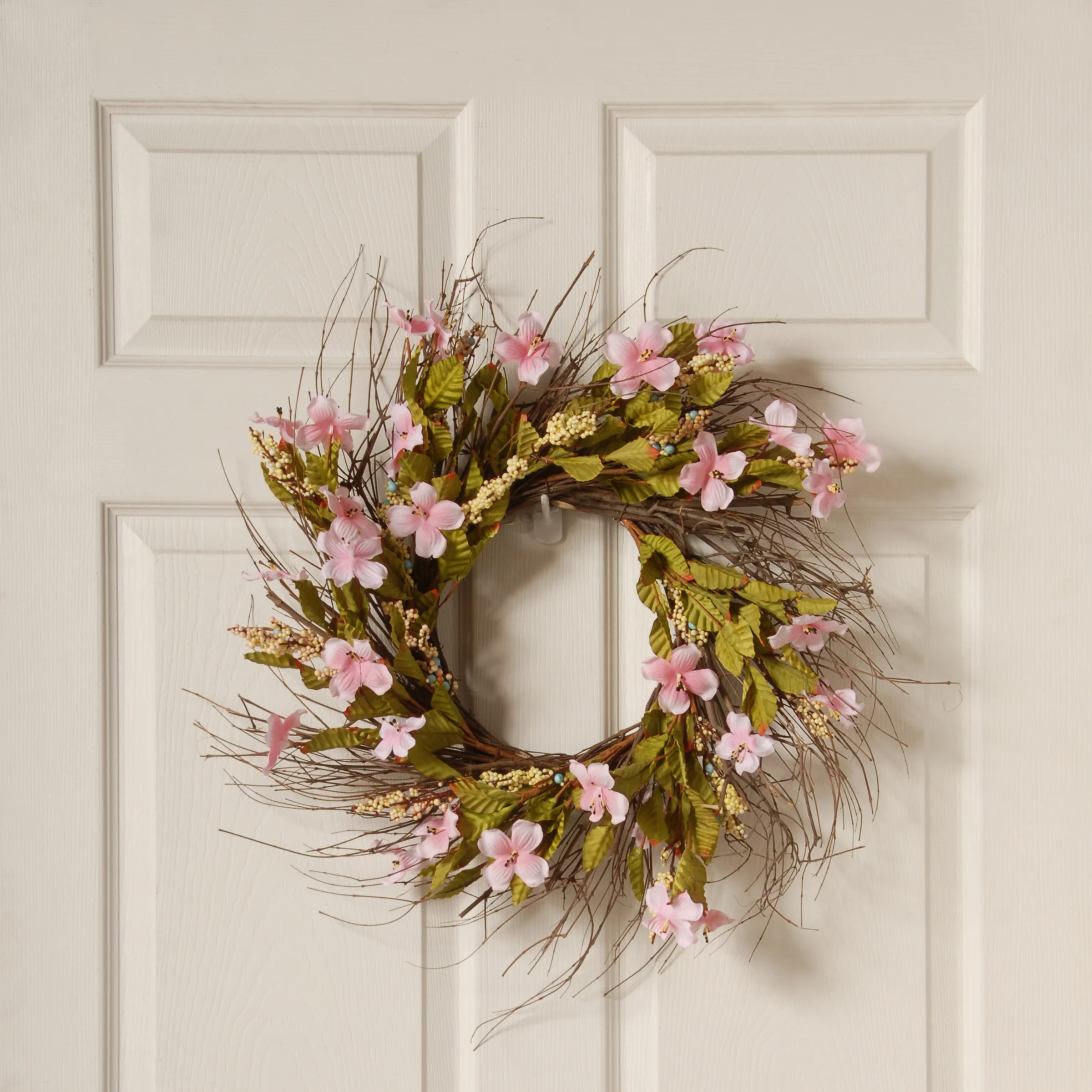 22 in. Spring Wreath with Dogwood Flowers, Leafy Greens - Image 2