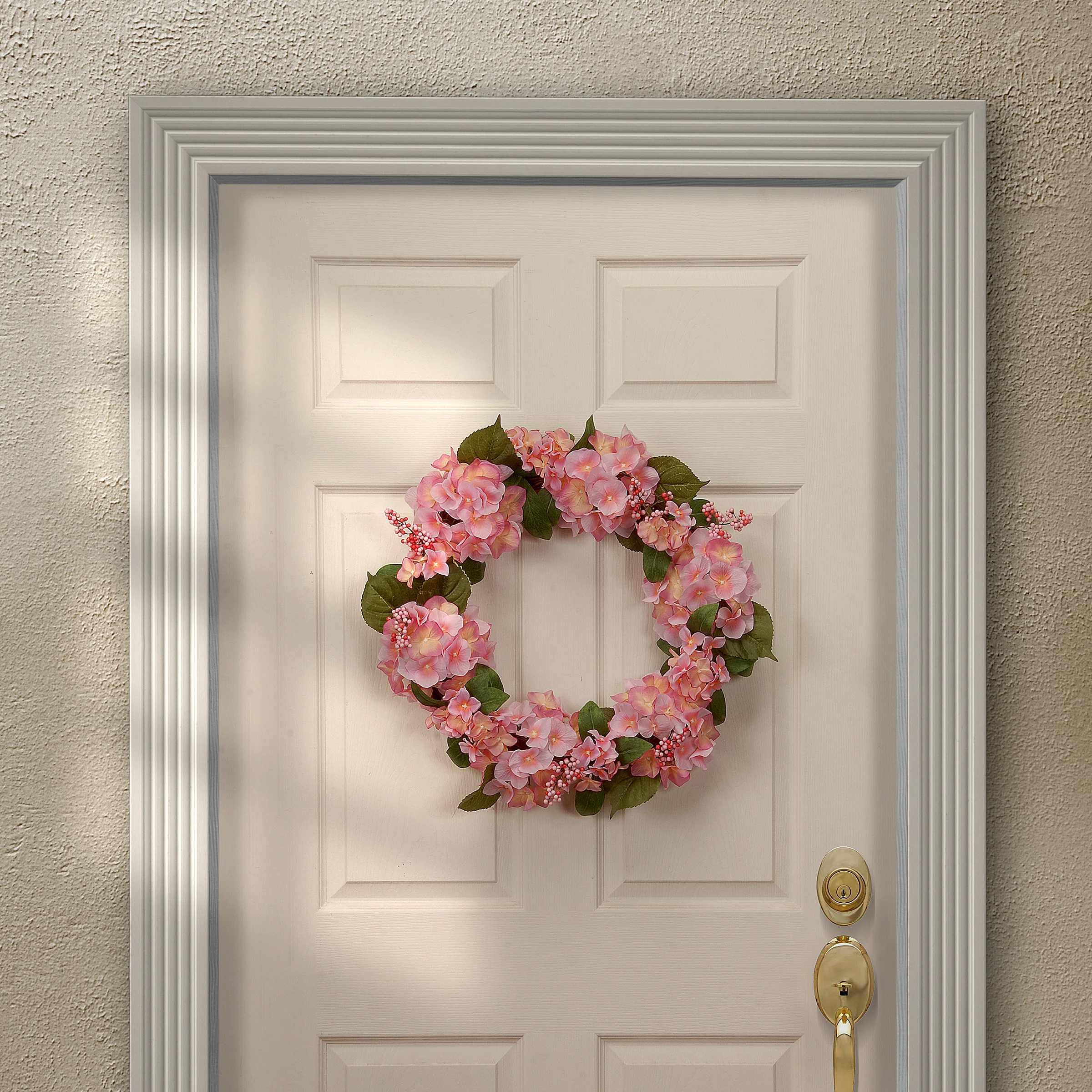 24 in. Spring Wreath with Pink Hydrangea Blooms, Berry Clusters, Leafy Greens - Image 2