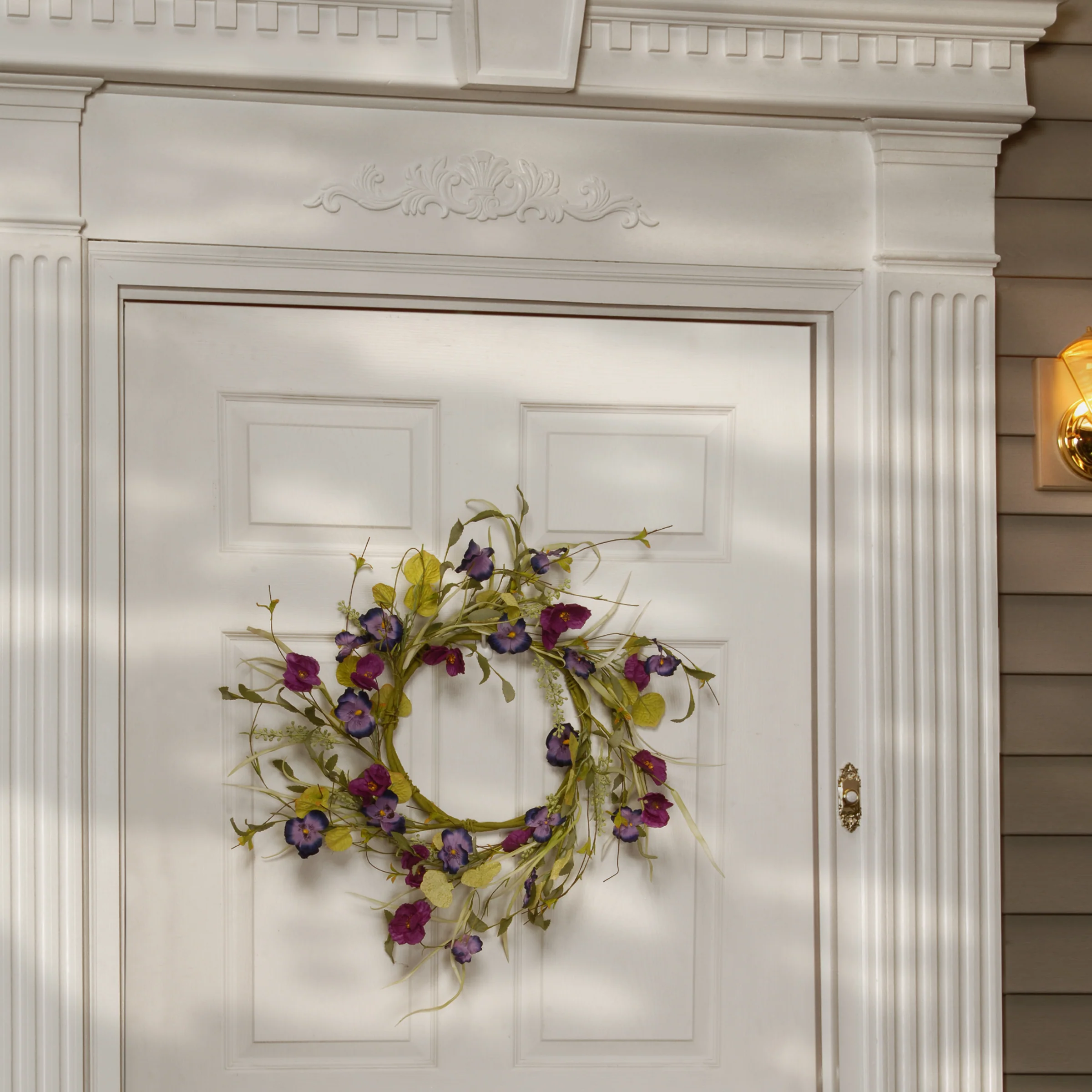 22 in. Spring Wreath with Purple Pansy and Poppy Flowers, Seed Pods, Leafy Greens - Image 2