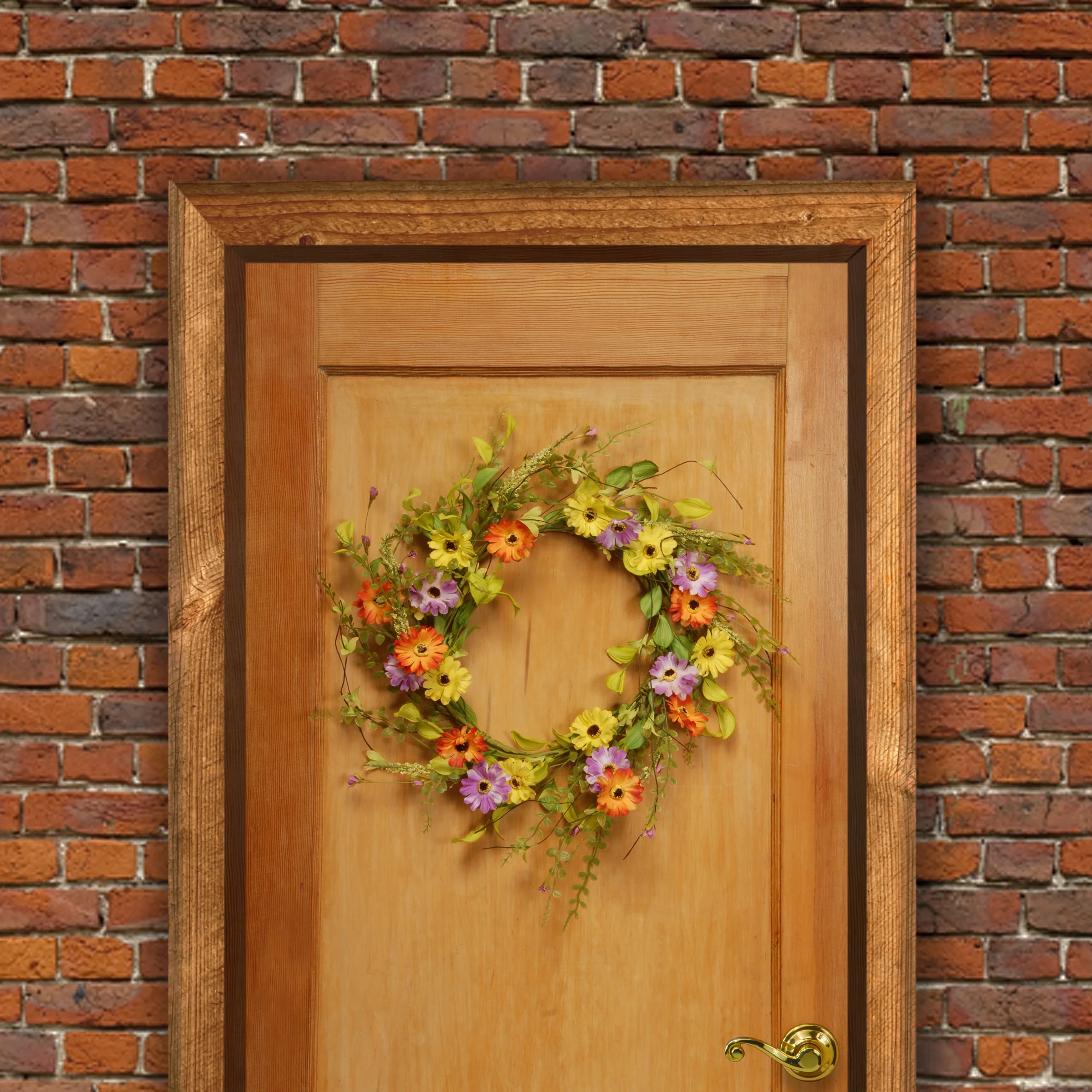 Artificial Hanging Wreath, Vine Stem Base, Decorated with Yellow, Orange and Purple Daisy Blooms, Fern Fronds, Spring Collection, 20 Inches - Image 2