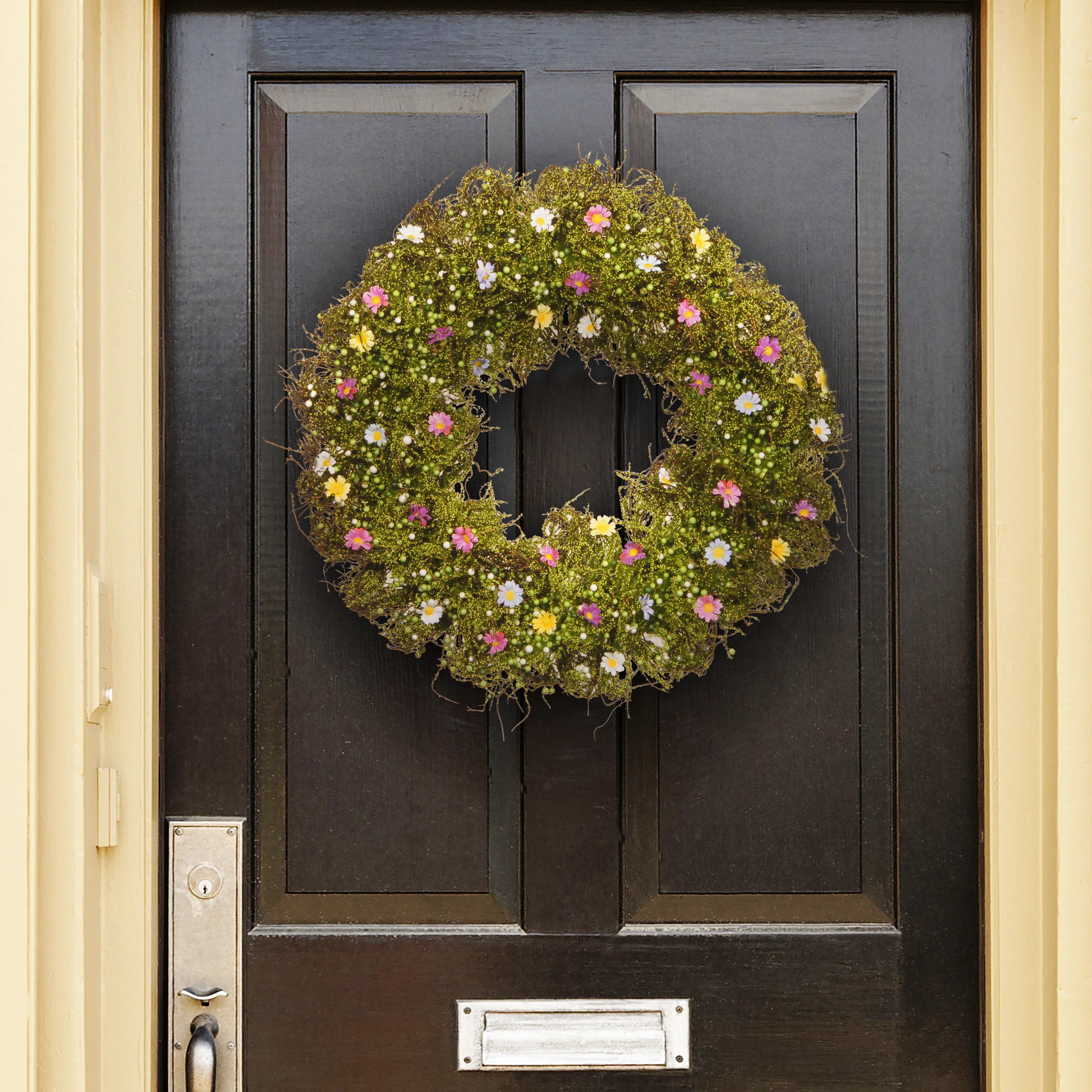 19 in. Spring Wreath with Yellow, White, Pink and Blue Flower Blooms, Green Ivy, Berries - Image 2