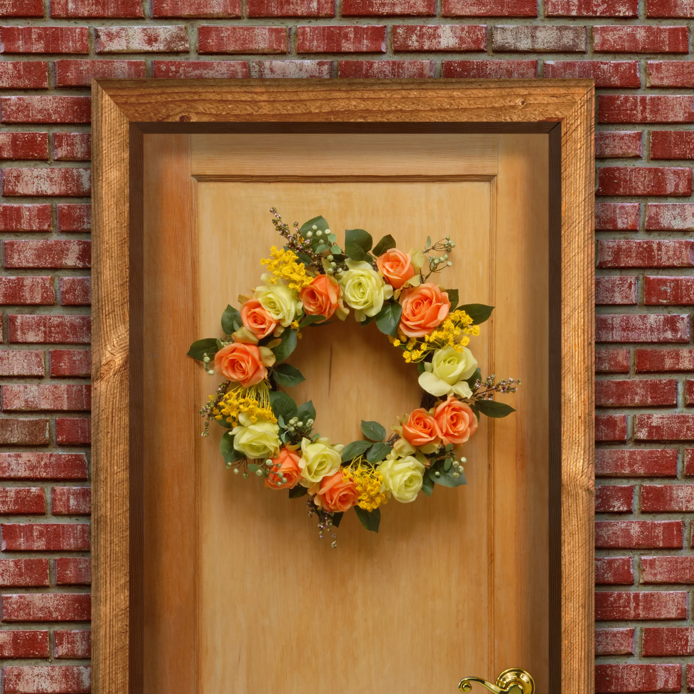 20 in. Spring Wreath with Yellow and Orange Rose Blooms, Seed Pods, Berry Clusters, Leafy Greens - Image 2