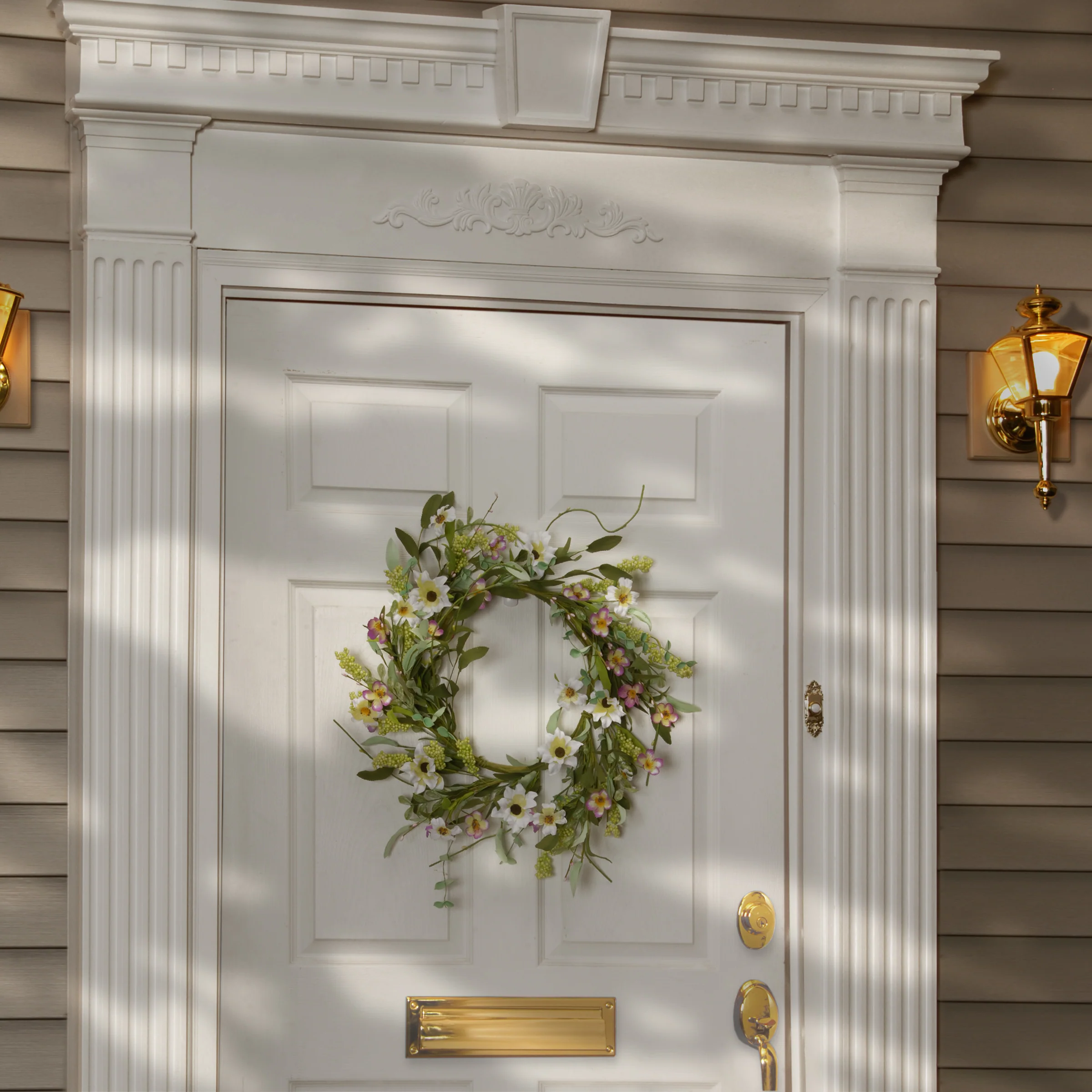 20 in. Spring Wreath with White and Purple Mixed Flower Blooms, Flowing Green Stems, Seed Pods - Image 2