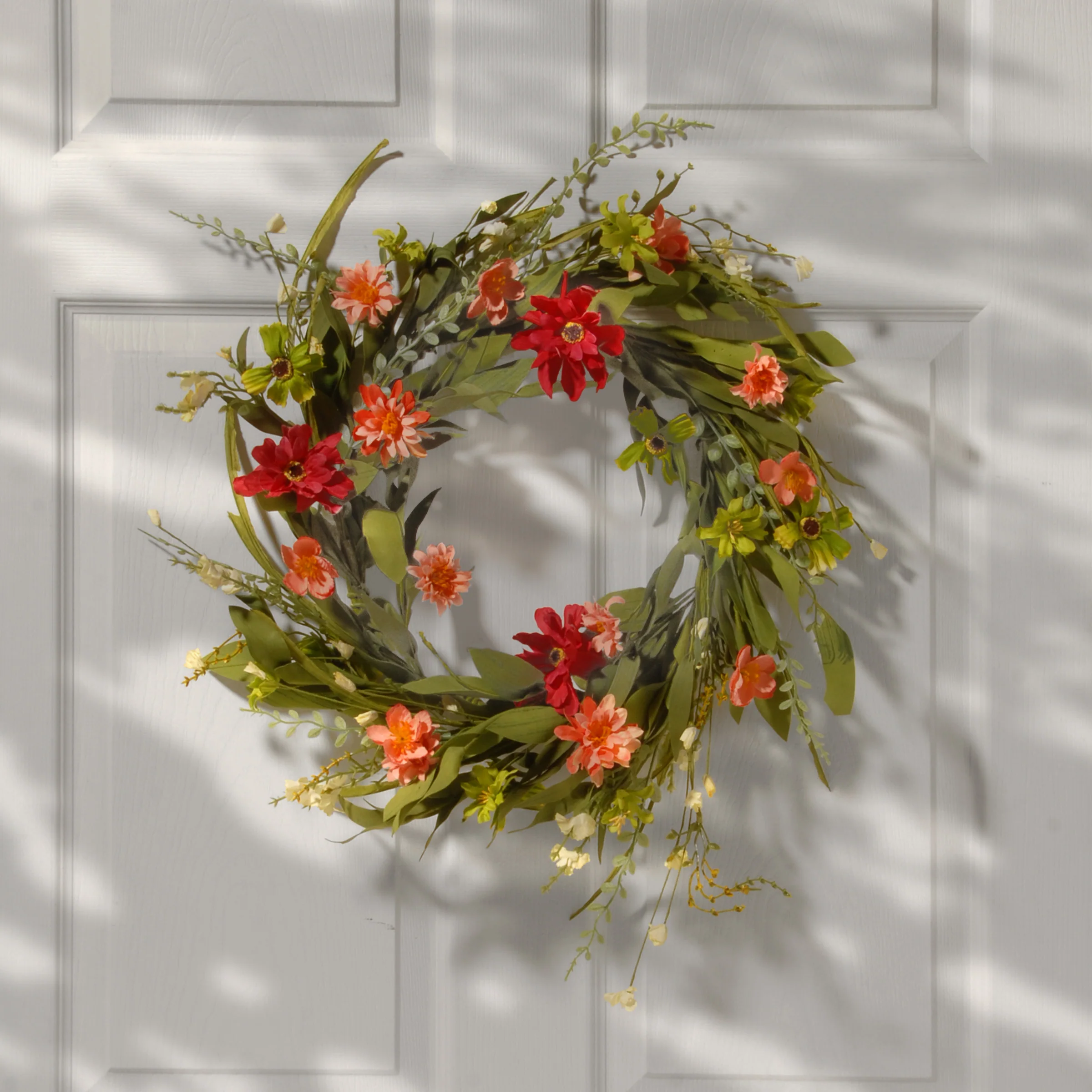 22 in. Spring Wreath with Red, Green and Pink Wildflower Blooms, Flowing Green Stems - Image 2