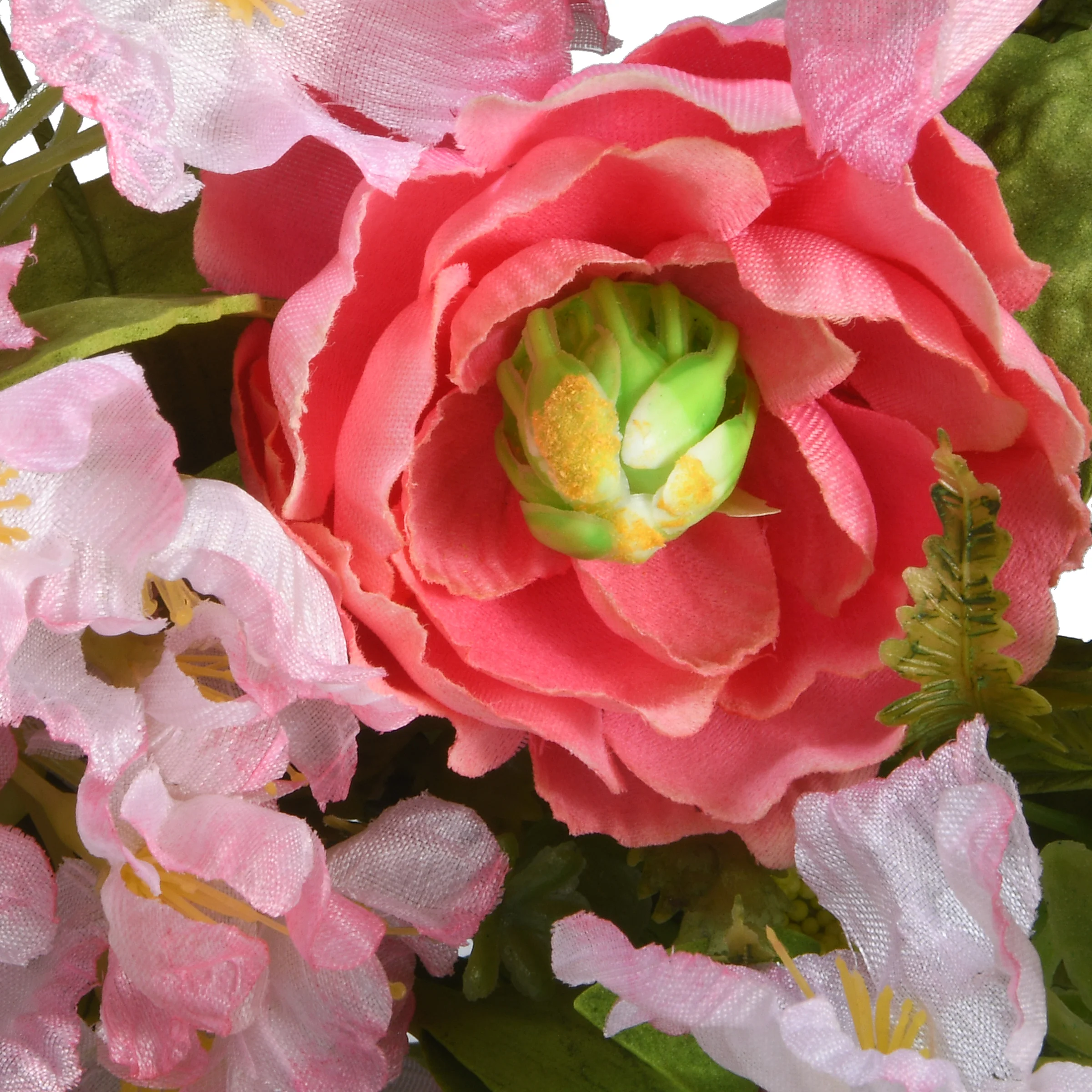 20 in. Spring Wreath with Red and Pink Flower Blooms, Yellow Berry Clusters, Fern Fronds - Image 2