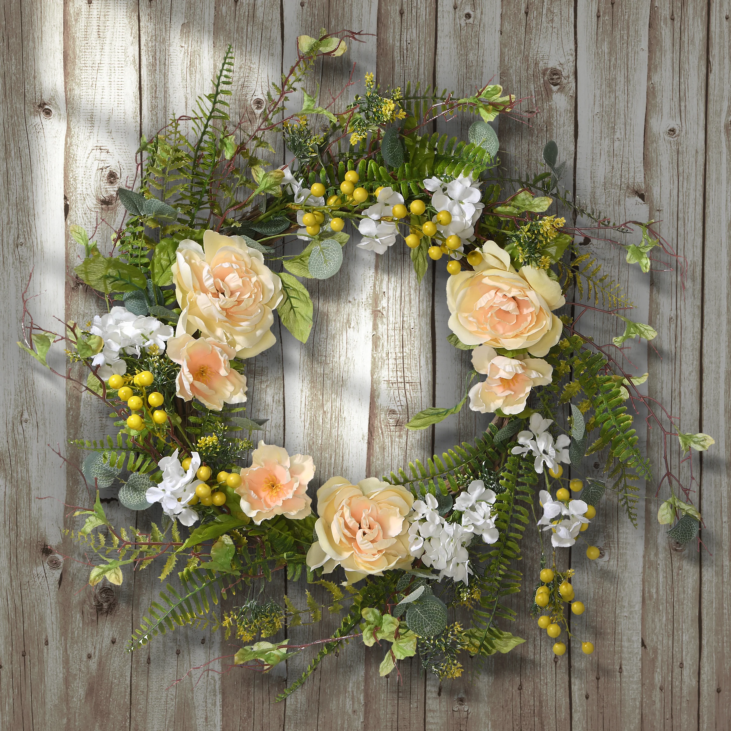 20 in. Spring Wreath with Pink and White Flower Blooms, Yellow Berry Clusters, Fern Fronds - Image 2
