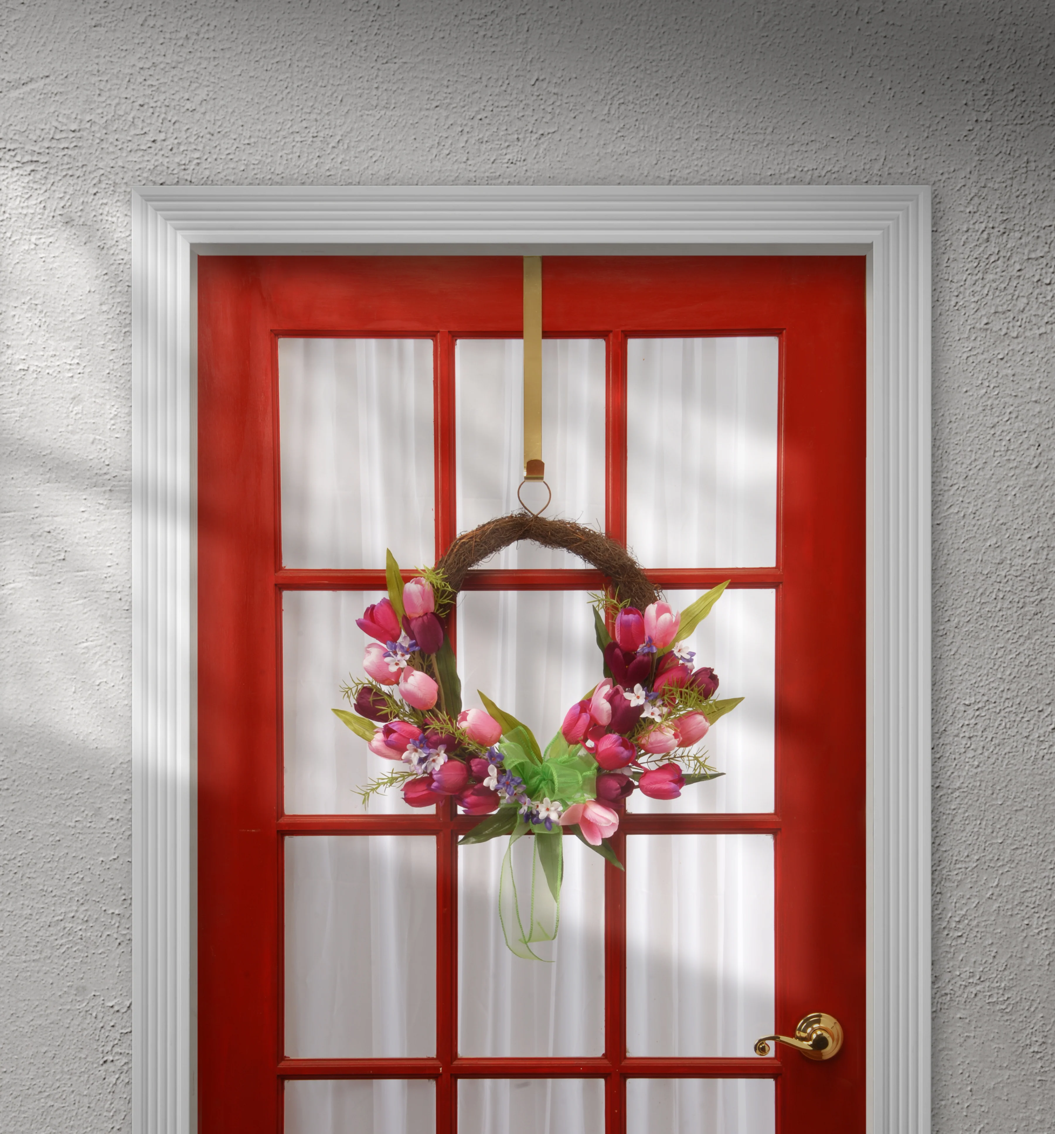 20 in. Spring Wreath with Pink and Purple Tulip Blooms, Green Ribbon, Leafy Greens - Image 2