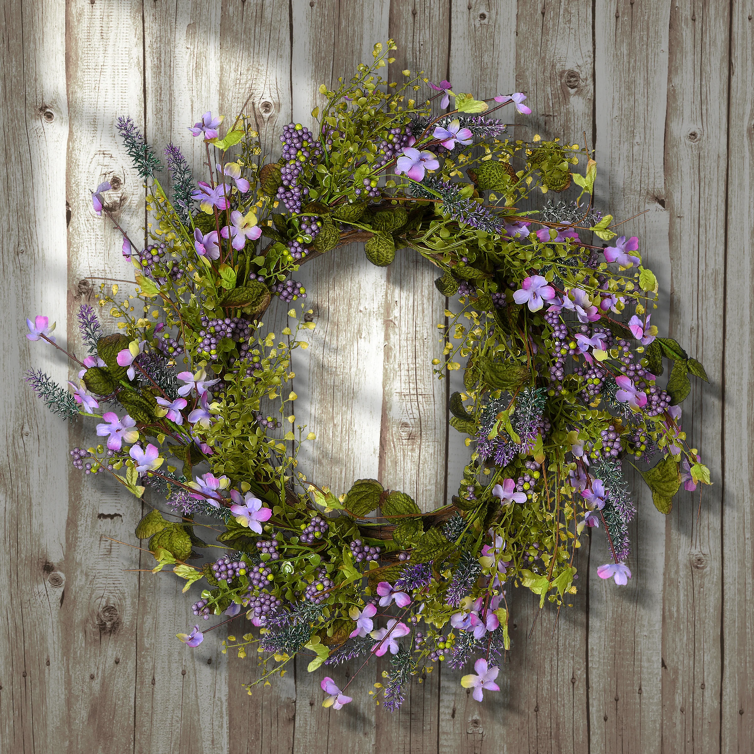 22 in. Spring Wreath with Lavender Flower Blooms, Berry Clusters, Flowing Green Stems - Image 2