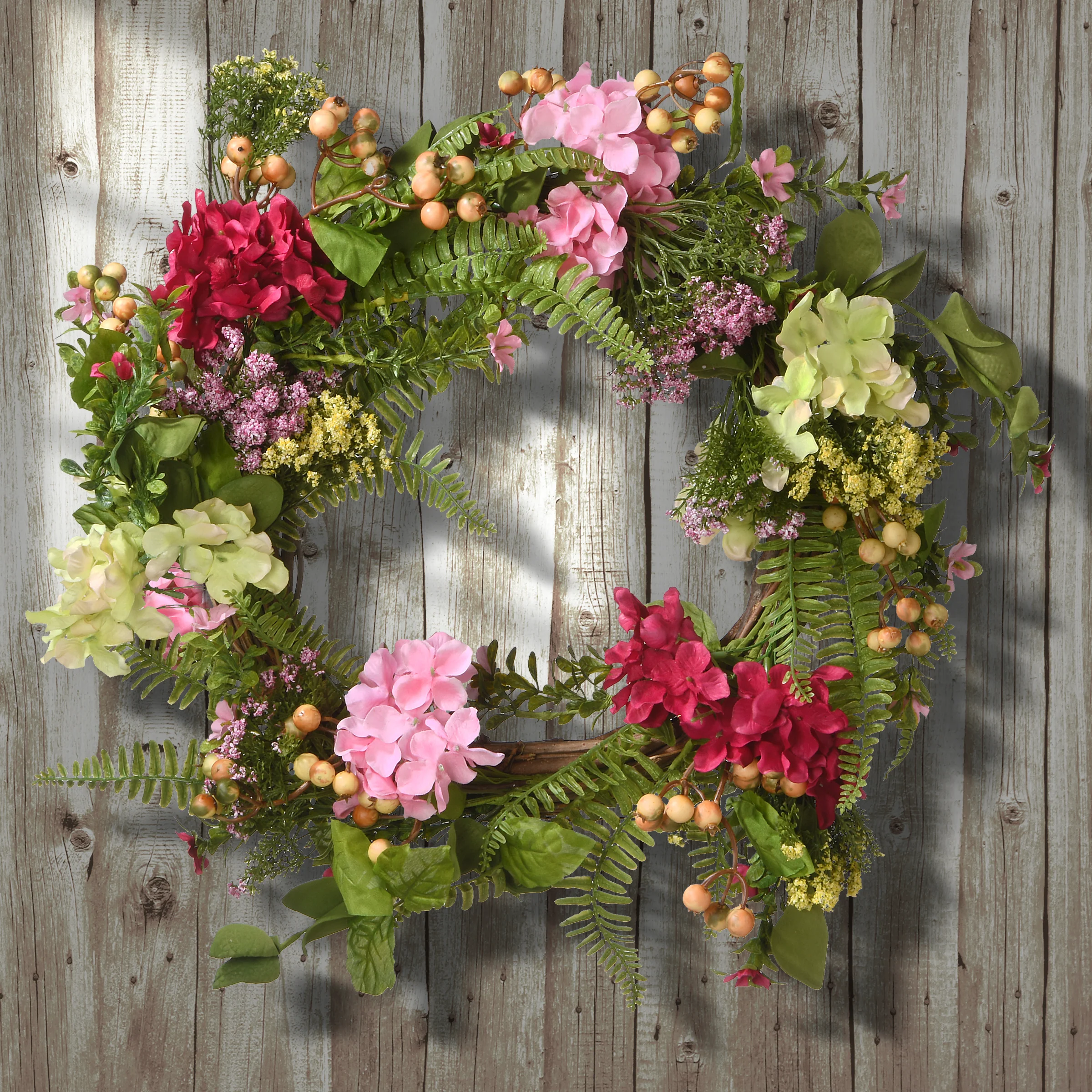 Artificial Hanging Wreath, Woven Branch Base, Red, Pink and Yellow Hydrangea Blooms, Berry Clusters, Wild Flowers, Fern Fronds, Spring Colelction, 22 Inches - Image 2