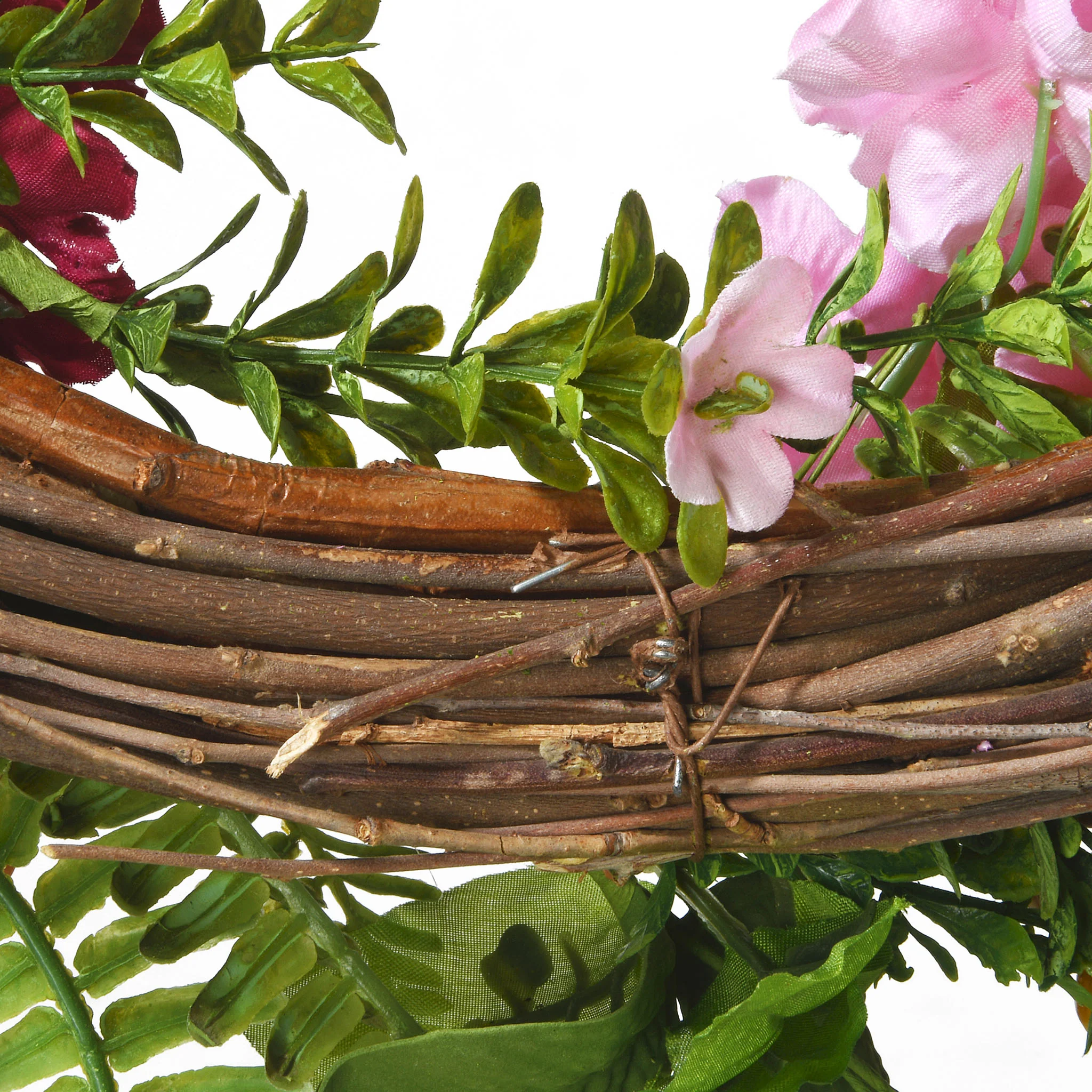 Artificial Hanging Wreath, Woven Branch Base, Red, Pink and Yellow Hydrangea Blooms, Berry Clusters, Wild Flowers, Fern Fronds, Spring Colelction, 22 Inches - Image 3