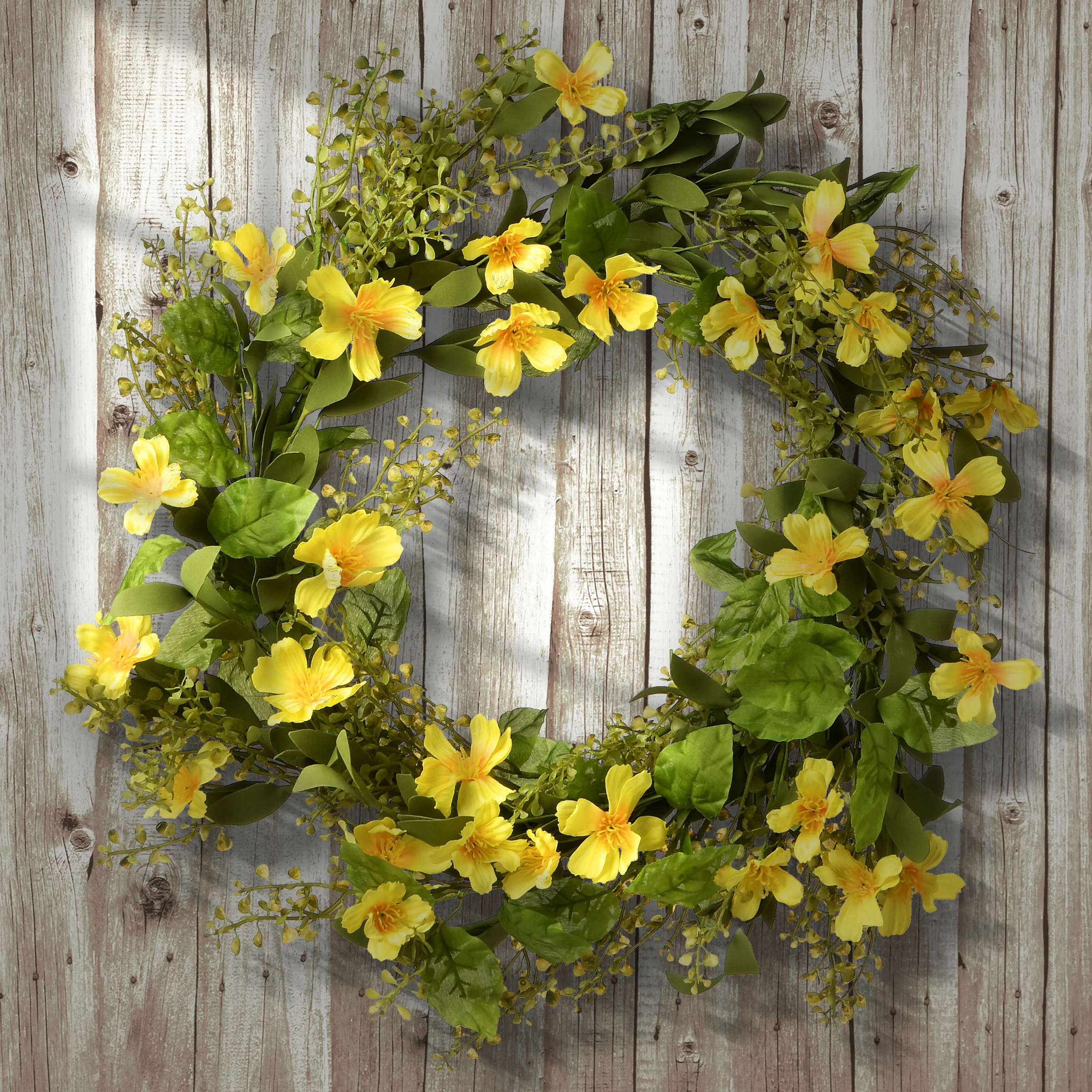 22 in. Spring Wreath with Yellow Cosmos Flower Blooms, Flowing Green Stems - Image 2
