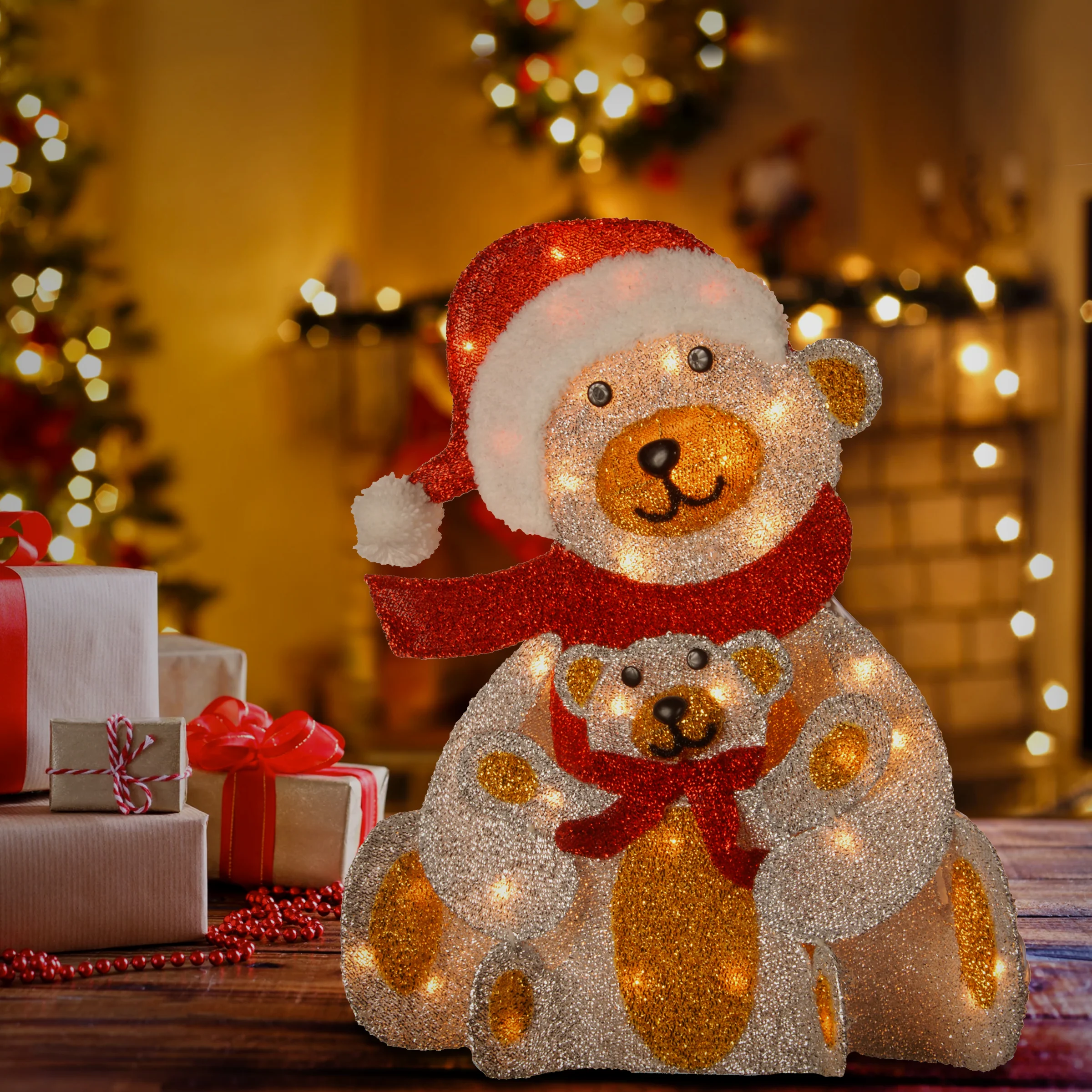 24 in. Sliver Fabric Bear with Lights - Image 2