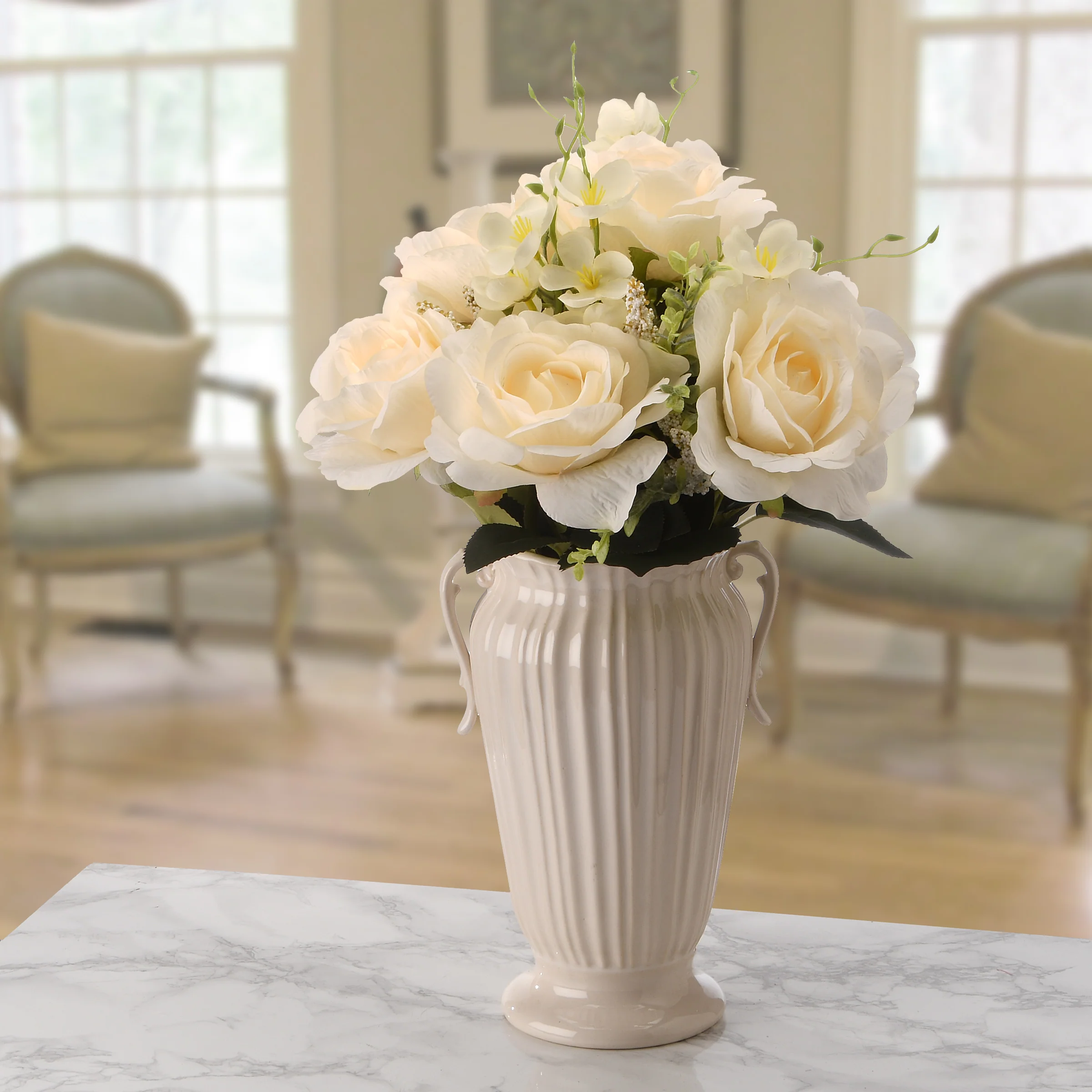 19 in. Spring Floral Bouquet with Cream Rose Blooms, Seed Pods, Leafy Greens - Image 2