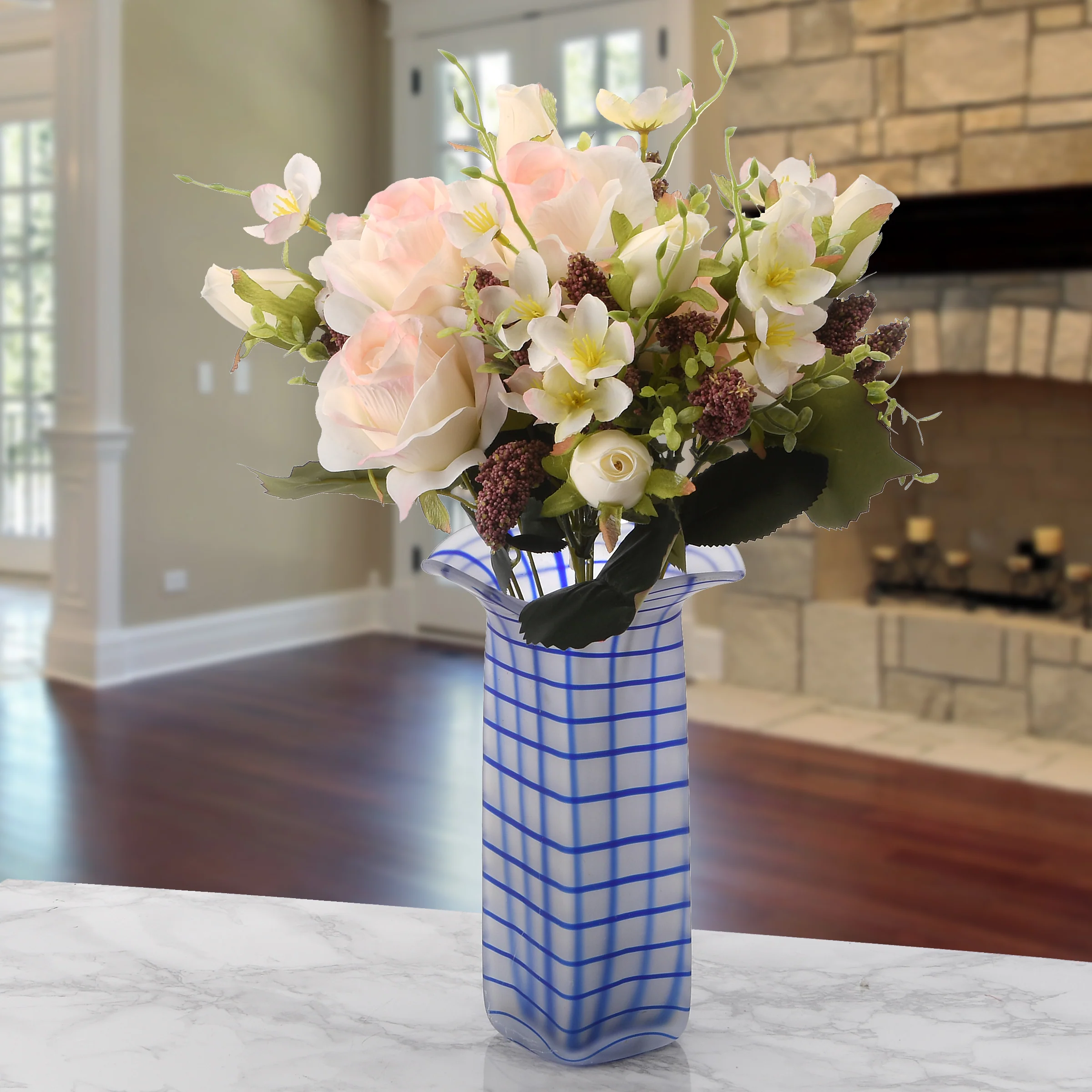 19 in. Spring Floral Bouquet with Light Pink Rose Blooms, Seed Pods, Leafy Greens - Image 2