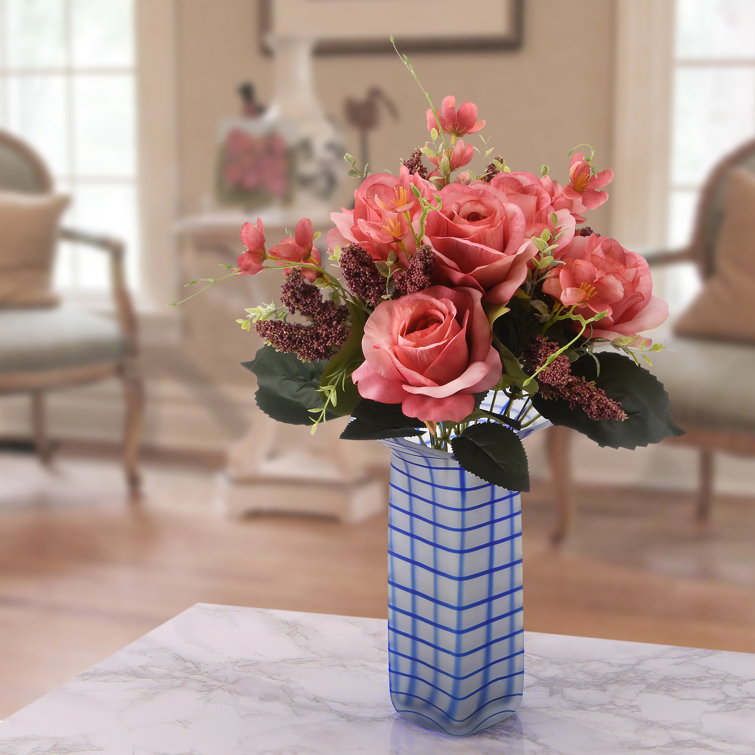 19 in. Spring Floral Bouquet with Vibrant Pink Rose Blooms, Seed Pods, Leafy Greens - Image 2
