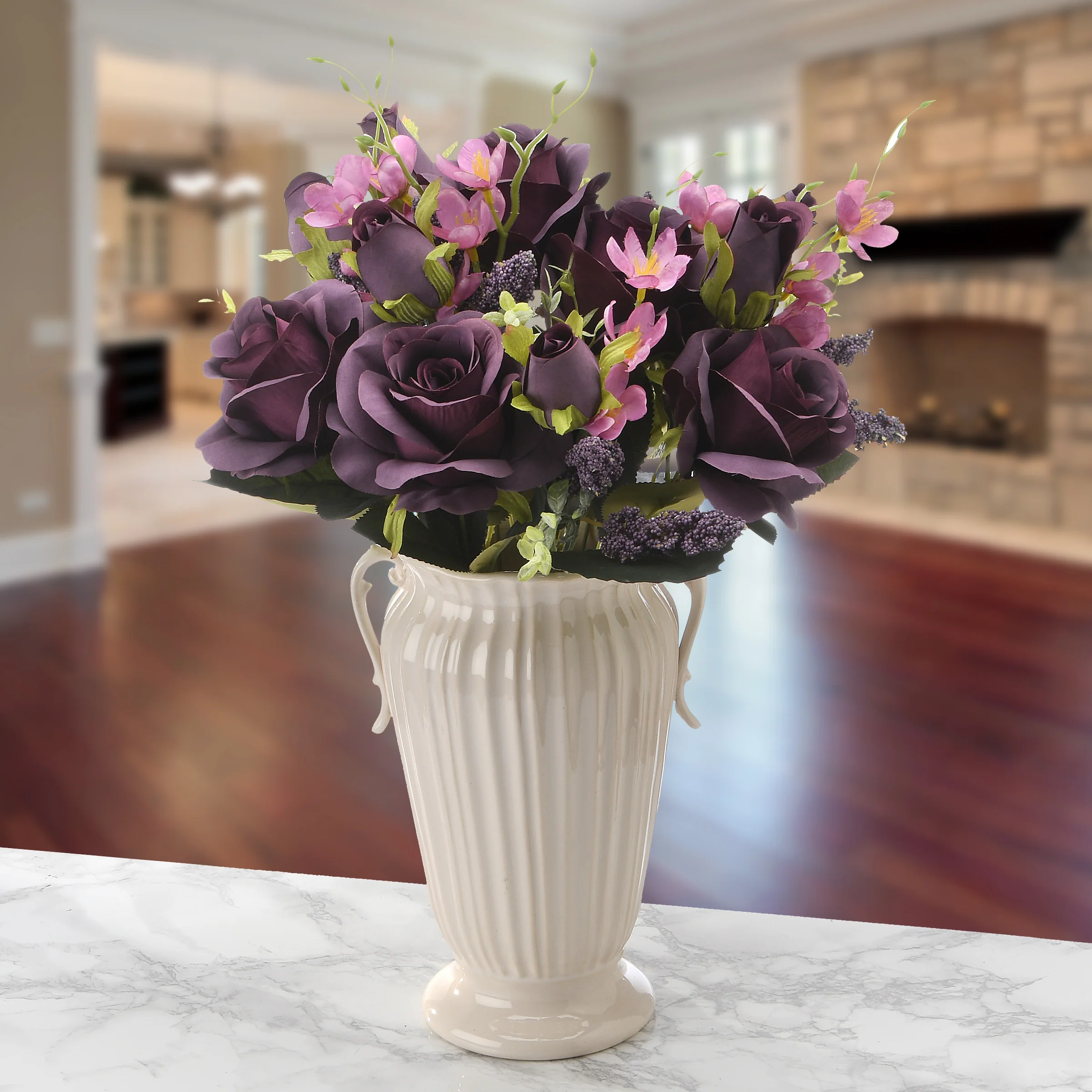 19 in. Spring Floral Bouquet with Deep Purple Rose Blooms, Pink Flowers, Seed Pods, Leafy Greens - Image 2