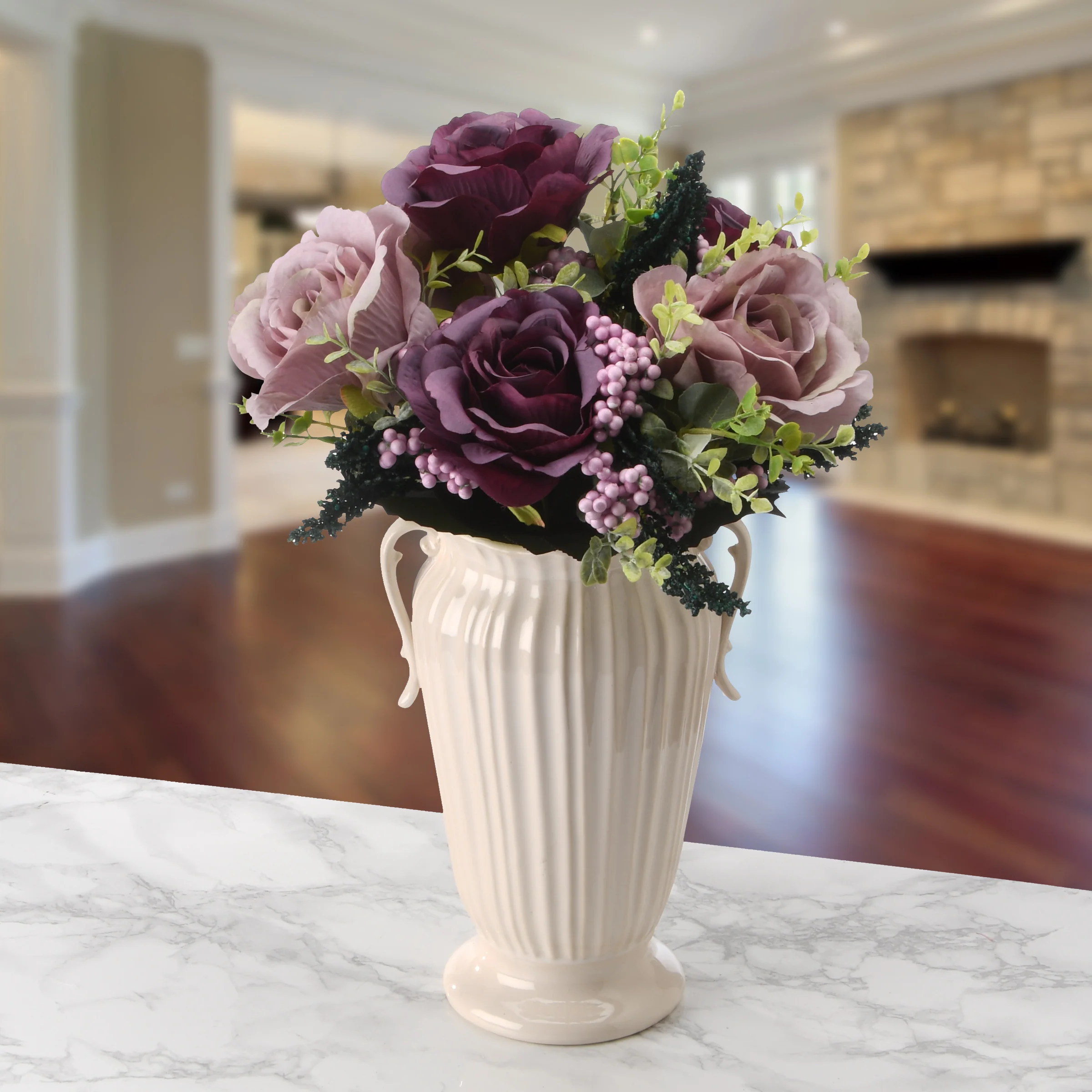 19 in. Spring Floral Bouquet with Purple and Pink Rose Blooms, Berry Clusters, Seed Pods, Leafy Greens - Image 2