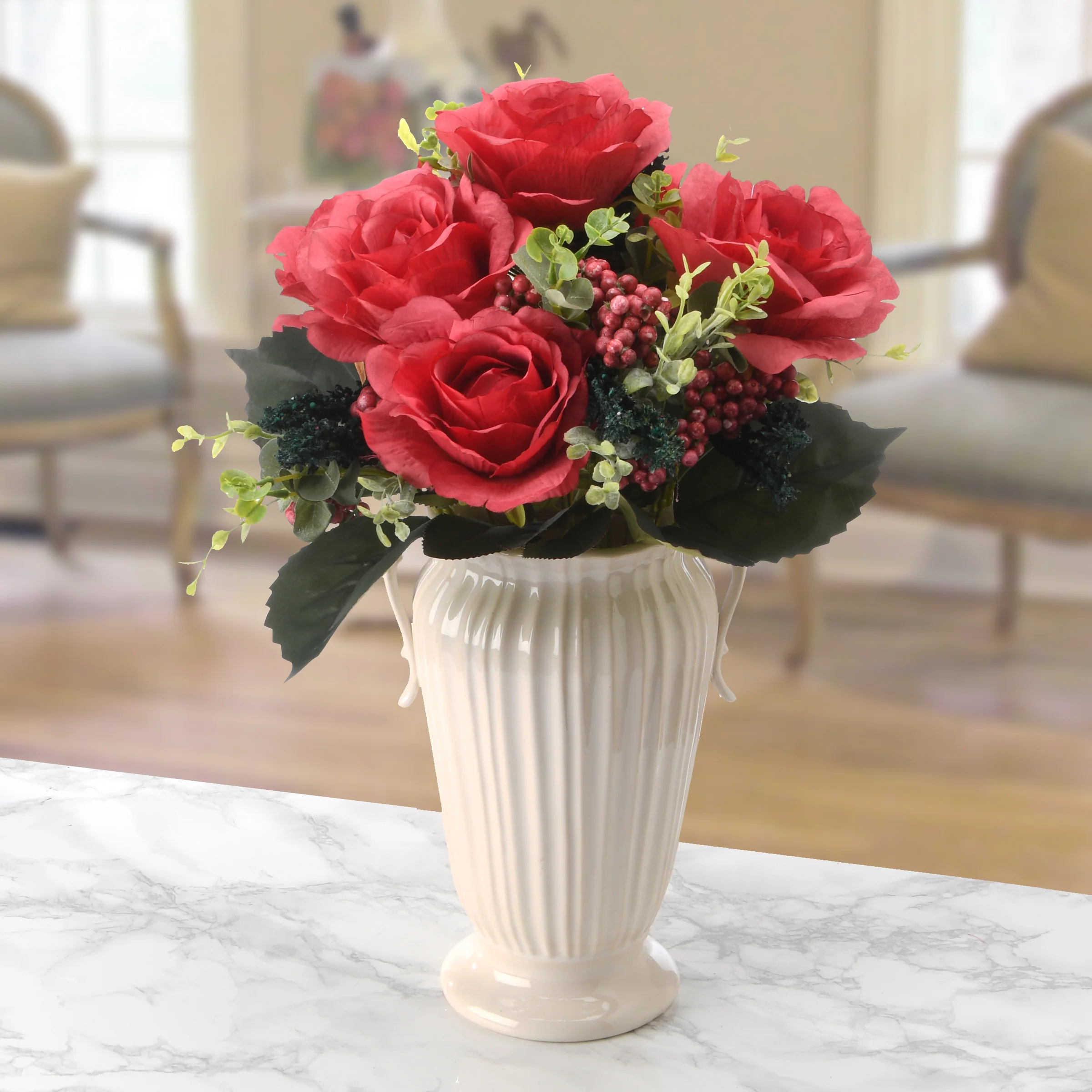 19 in. Spring Floral Bouquet with Red Rose Blooms, Berry Clusters, Seed Pods, Leafy Greens - Image 2