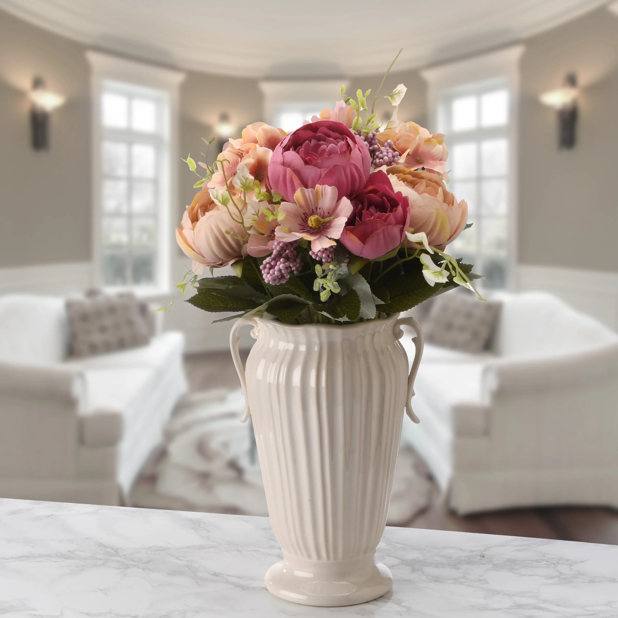 19 in. Spring Floral Bouquet with Pink Rose Blooms, Purple Berry Clusters, Seed Pods, Leafy Greens - Image 2