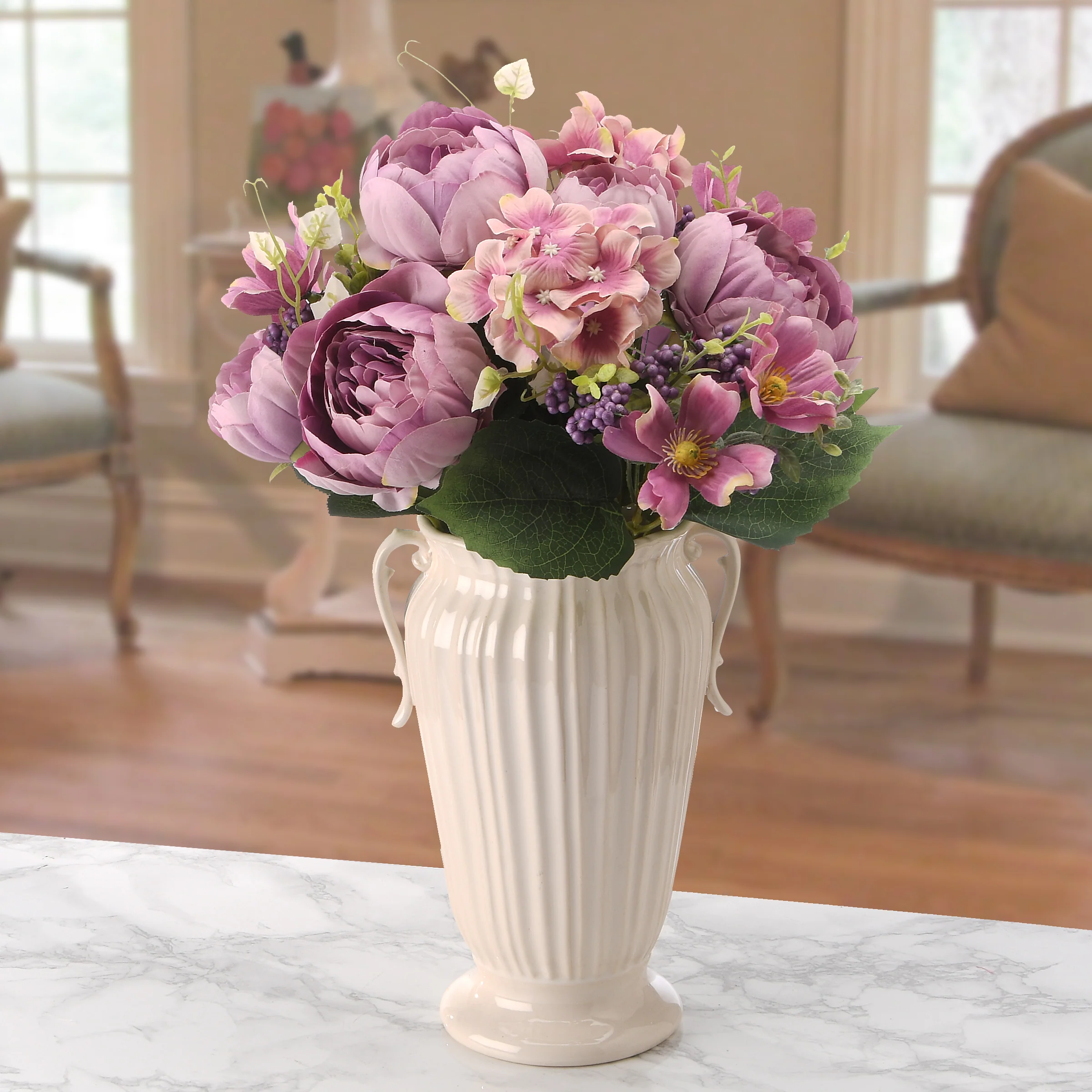 19 in. Spring Floral Bouquet with Purple Rose Blooms, Purple Berry Clusters, Seed Pods, Leafy Greens - Image 2