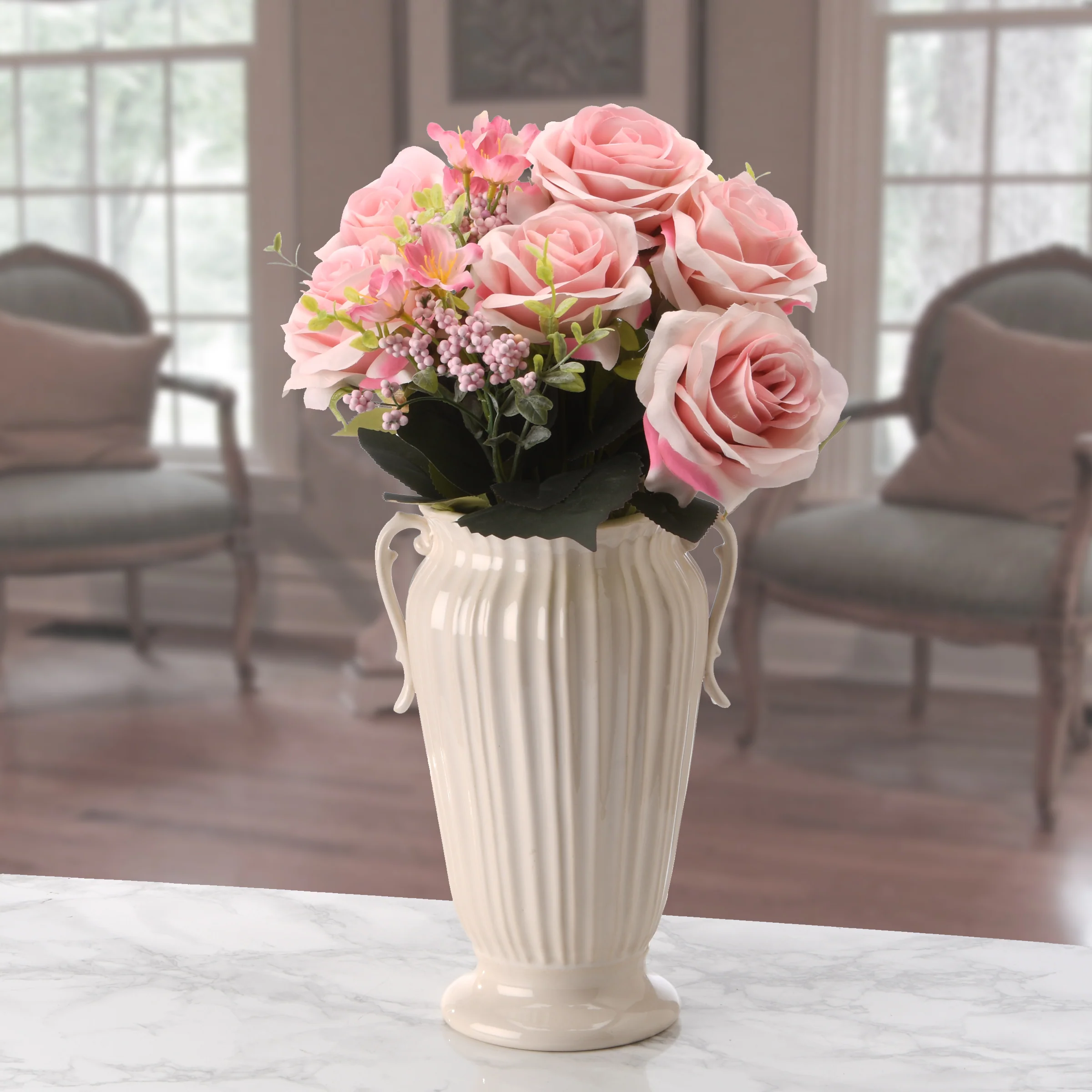 19 in. Spring Floral Bouquet  with Pink Rose Blooms, Pink Berry Clusters, Seed Pods, Leafy Greens - Image 2
