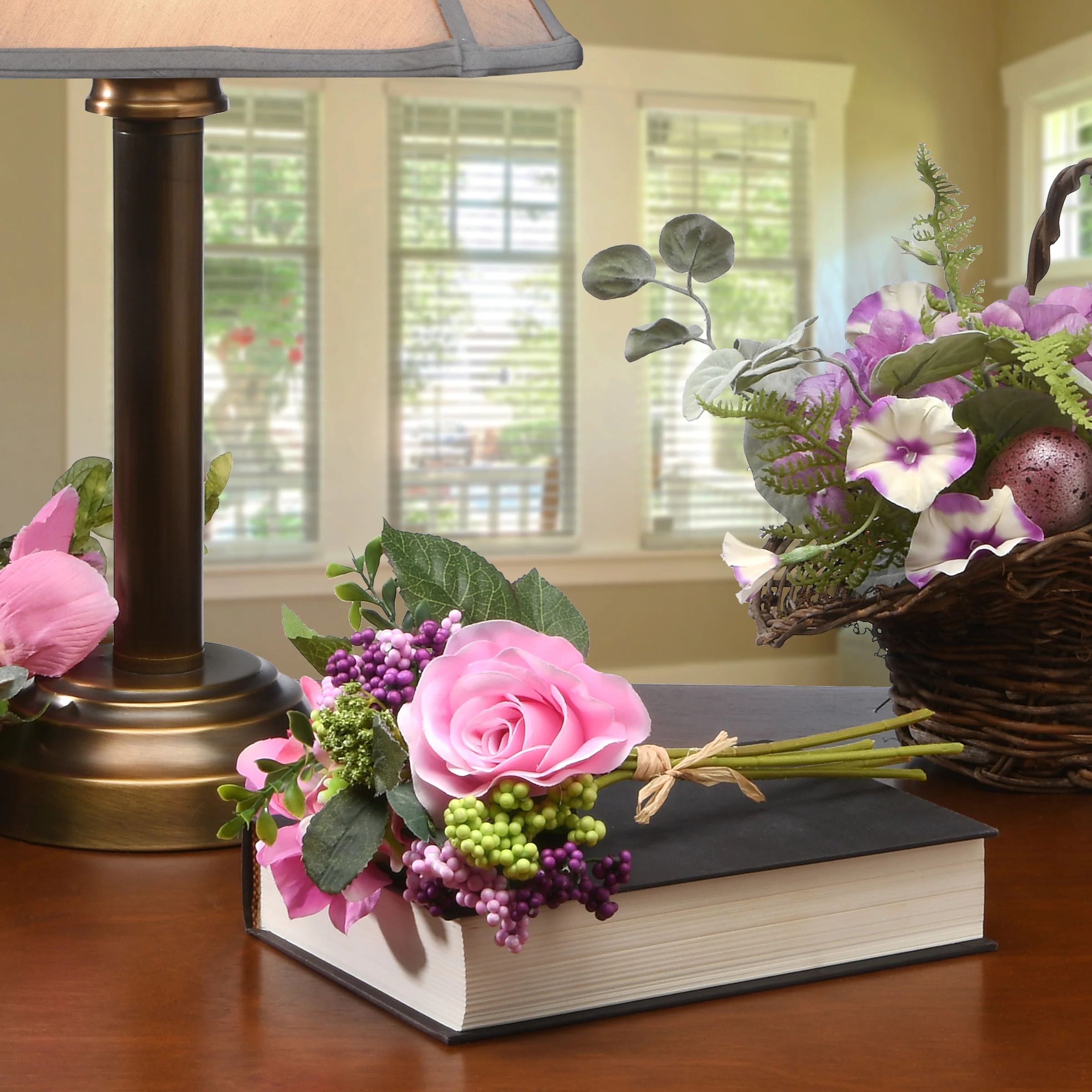 12 in. Spring Floral Bouquet with Pink Rose Blooms, Multicolor Berry Clusters - Image 2
