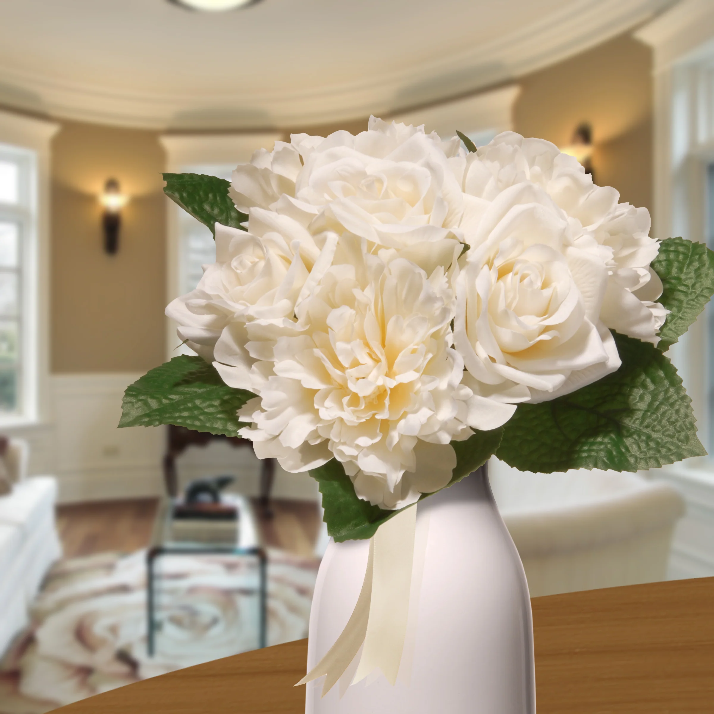 12 in. Spring Floral Bouquet with Cream Rose and Peony Blooms, Ribbon, Seed Pods, Leafy Greens - Image 2