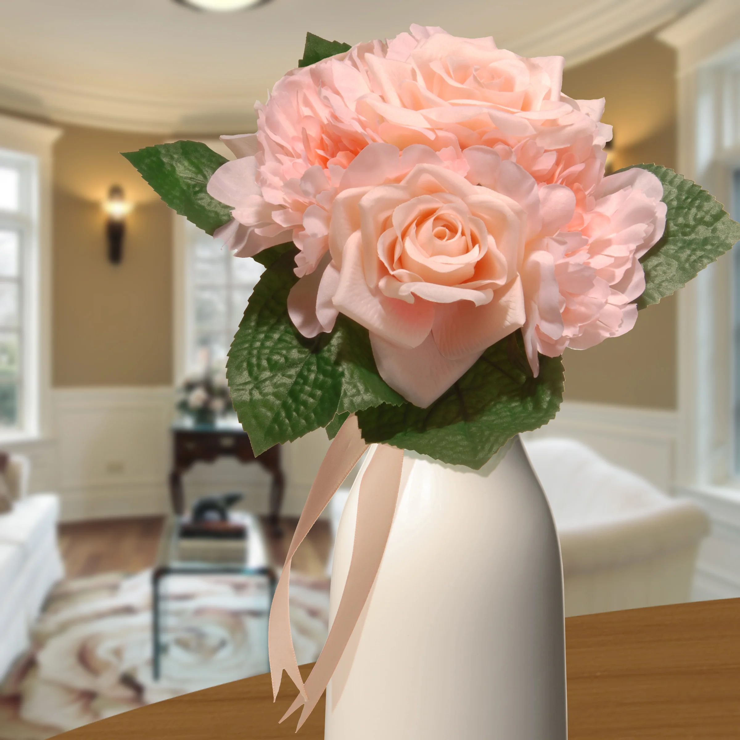 12 in. Spring Floral Bouquet with Pink Rose and Peony Blooms, Ribbon, Seed Pods, Leafy Greens - Image 2