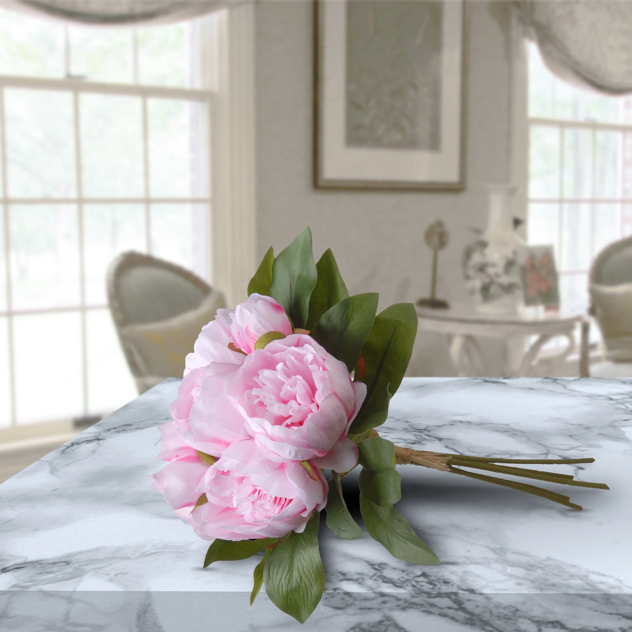 14 in. Spring Floral Bouquet with Light Pink Peony Blooms, Leafy Greens - Image 2