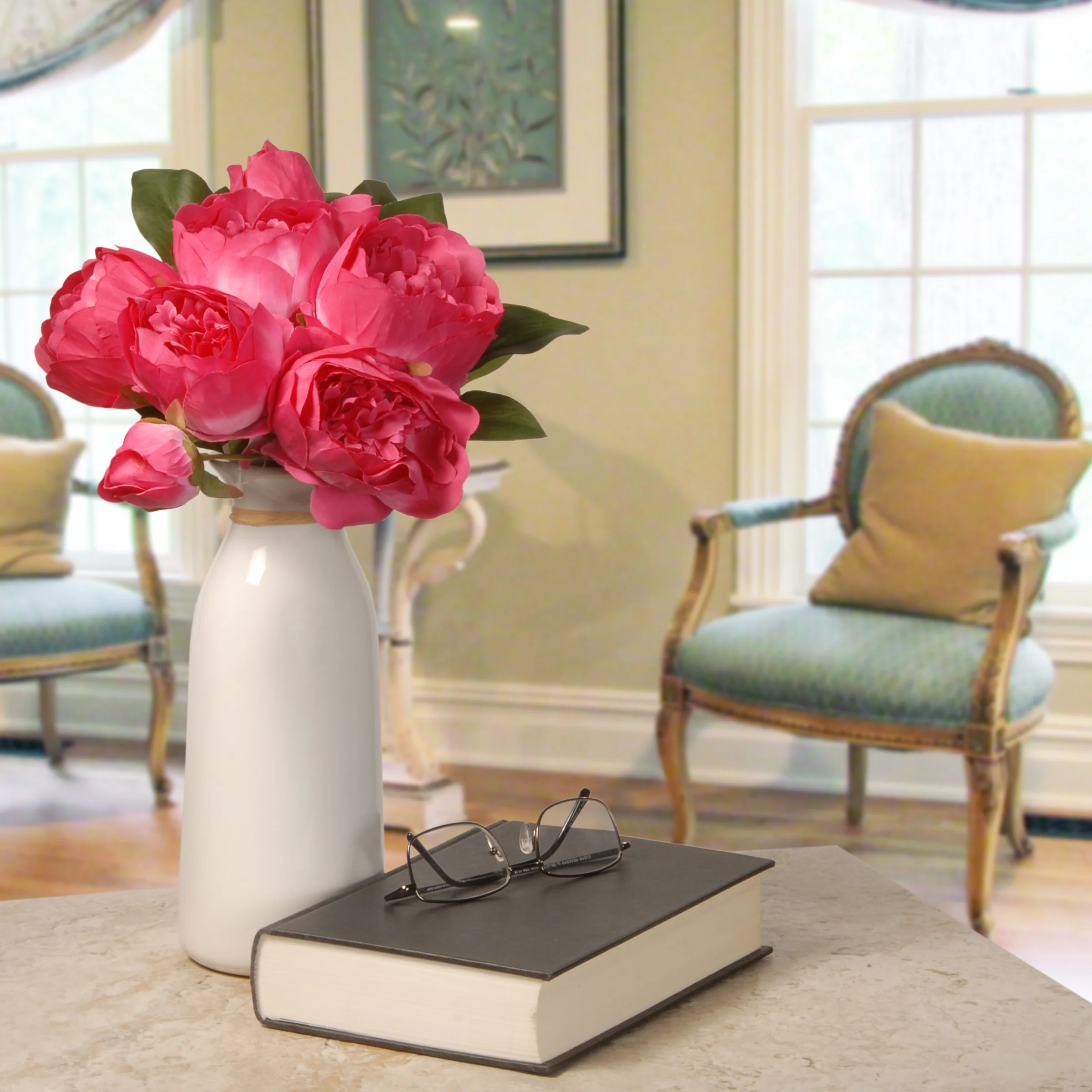 14 in. Spring Floral Bouquet with Bright Pink Peony Blooms, Leafy Greens - Image 2