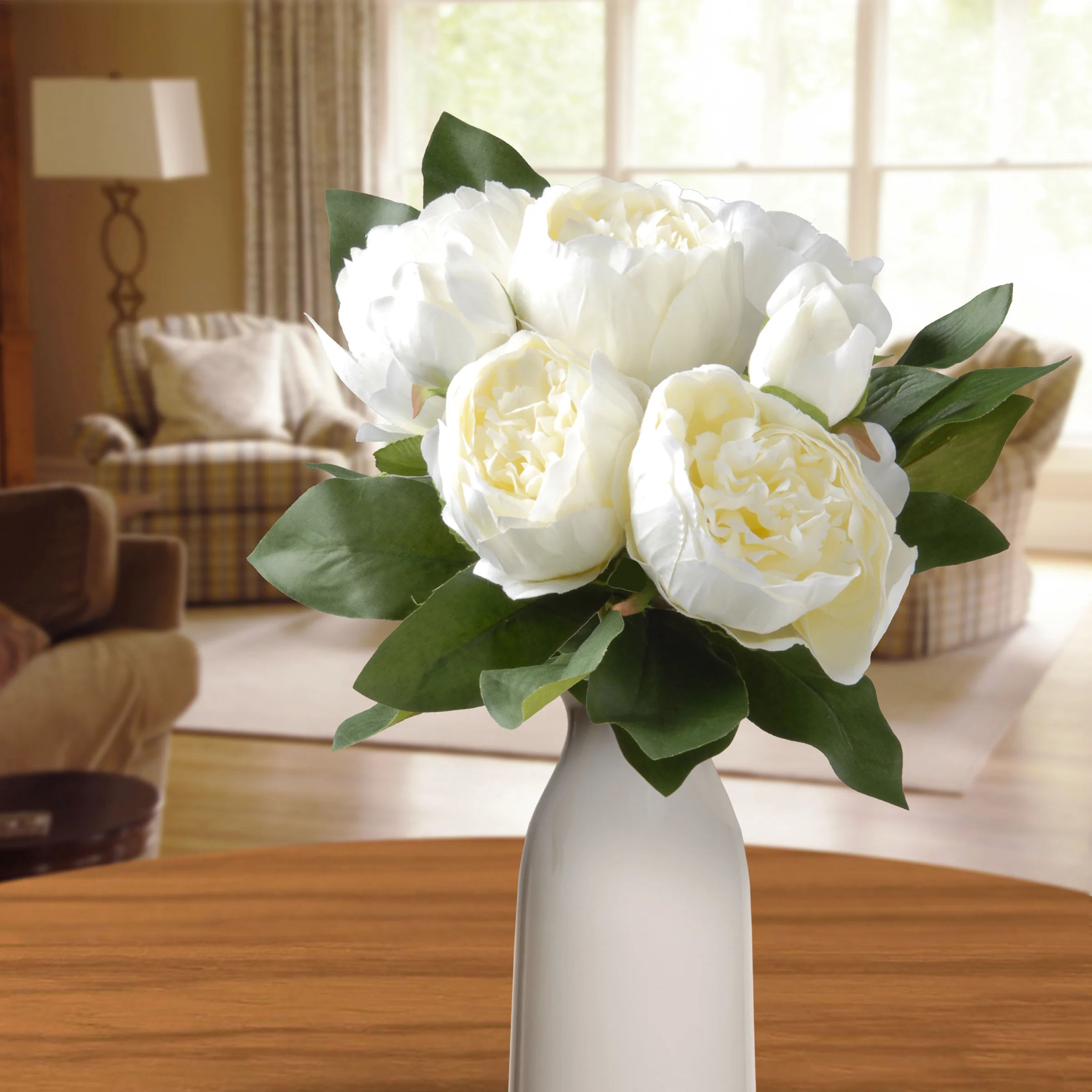 14 in. Spring Floral Bouquet with White Peony Blooms, Leafy Greens - Image 2