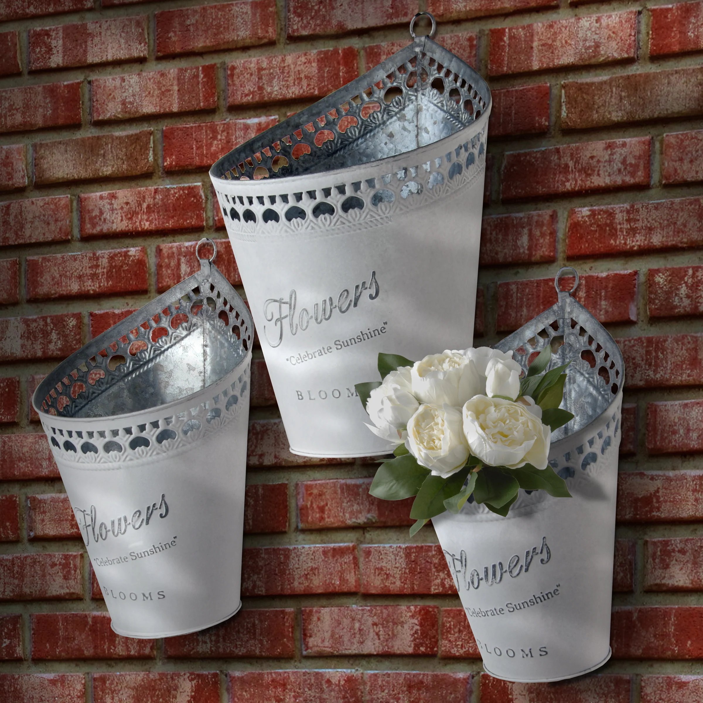 3-Piece Garden Flower Planters, White Tin 'Flower' Pots - Image 2