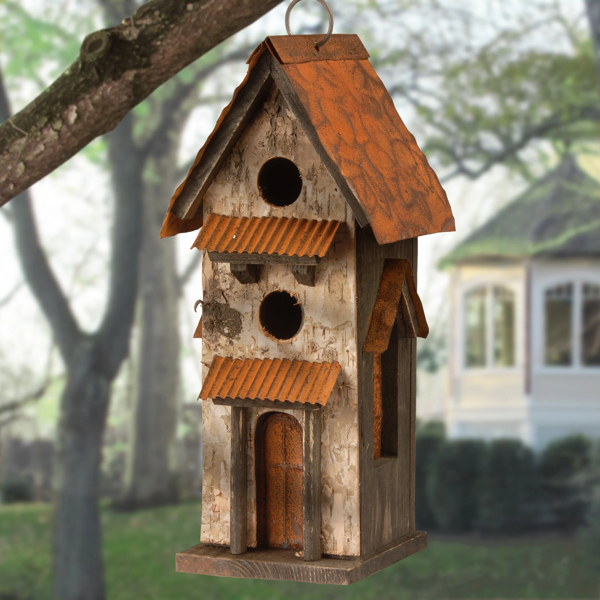 13 in. Spring Bird House Hanging Decoration with Distressed Metal Roof, Metal Window Awnings - Image 2