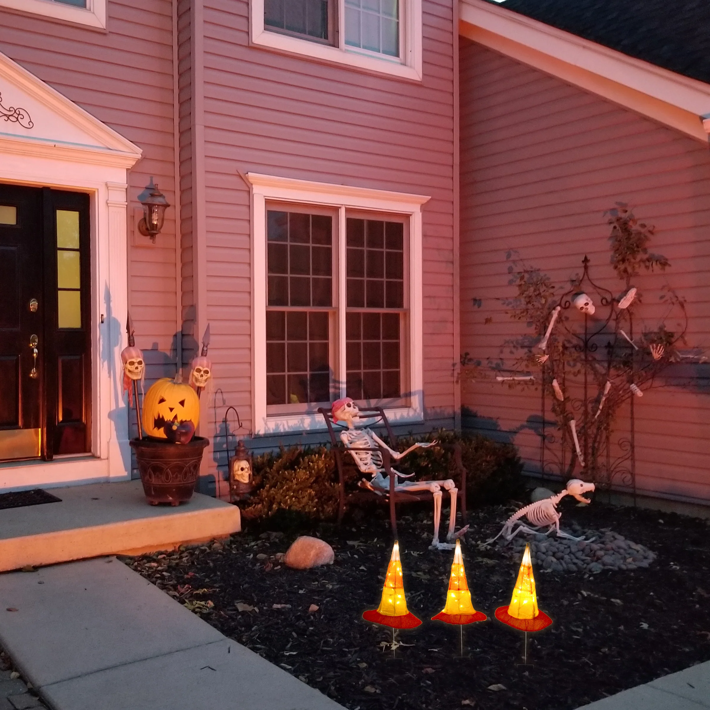 23 in. Halloween Candy Corn Witches Hats Garden Stake Lawn Decoration with LED Lights - Image 2