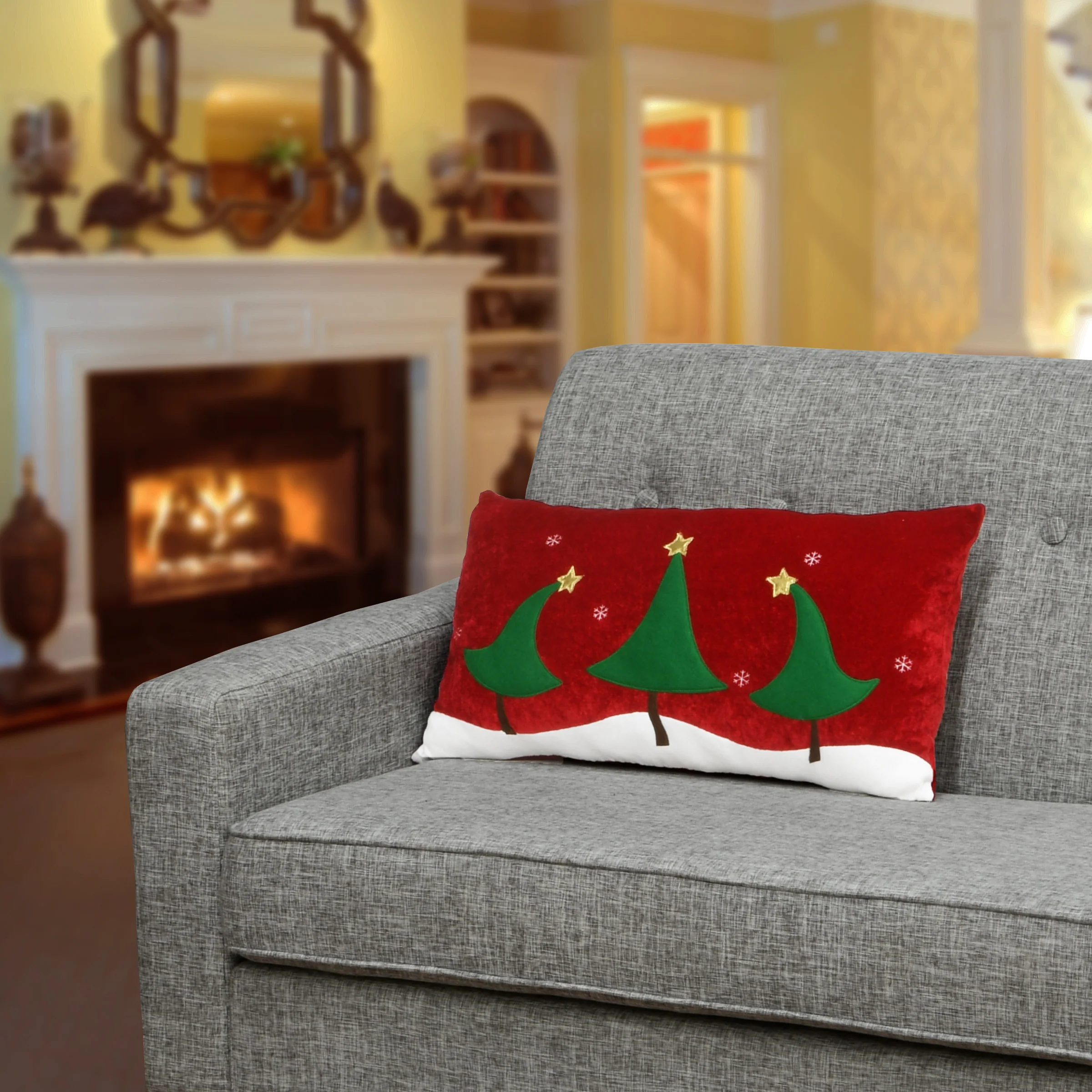 13 in. by 23 in. General Store Collection Red Lumbar Pillow with Christmas Trees - Image 2