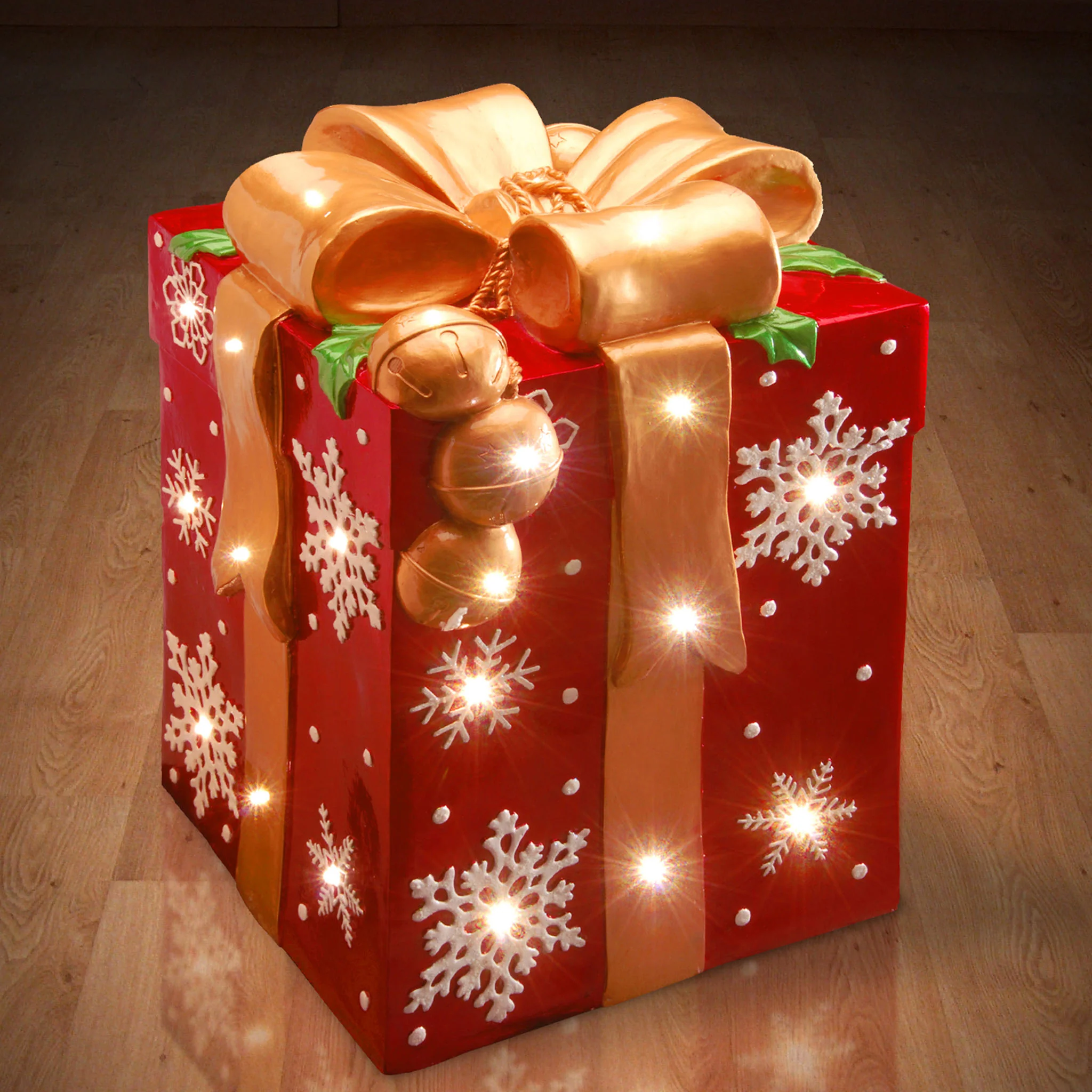 21 in. Pre-Lit LED Red Gift Box with Gold Bow Decor - Image 2