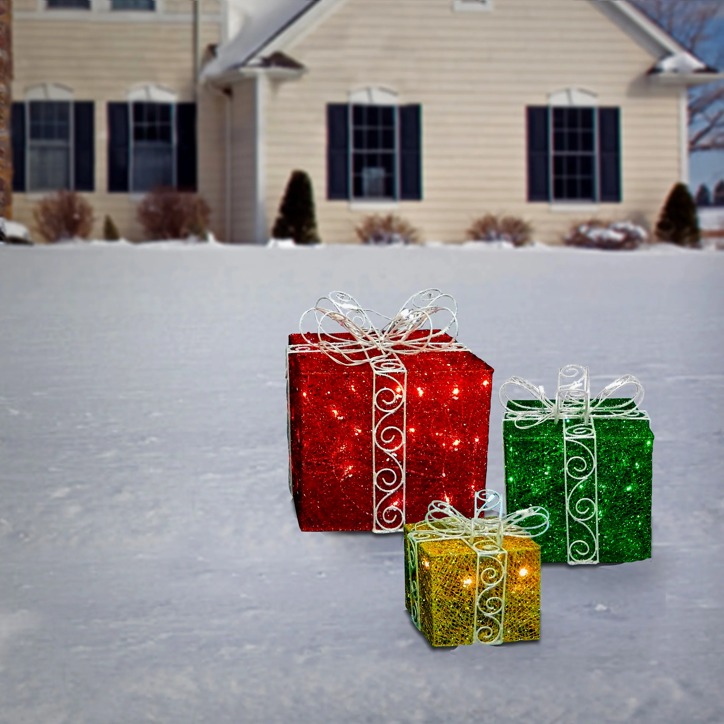 10 in., 12 in., 15 in. Gift Box Set with Bow and Twinkling LED Lights - Image 2