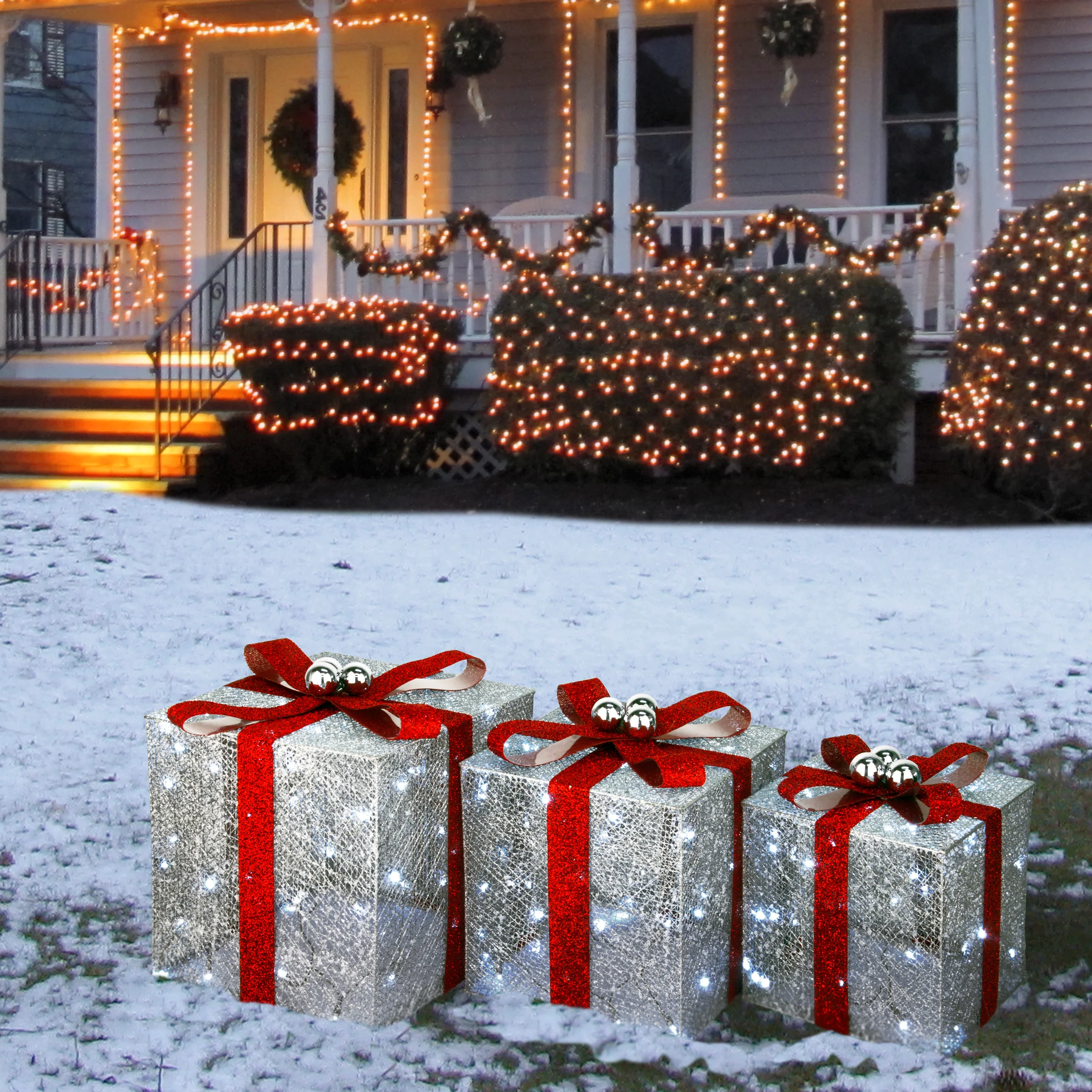 Pre-Lit Silver Gift Boxes, Set of Three, White Lights - Image 2