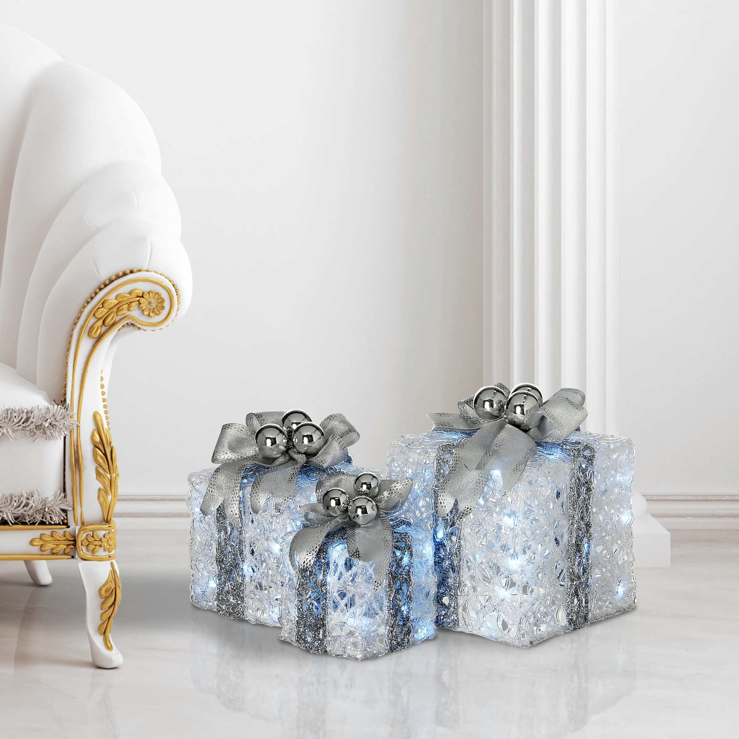 Pre-Lit Decorated White Gift Box Assortment, Plug-In - Image 5